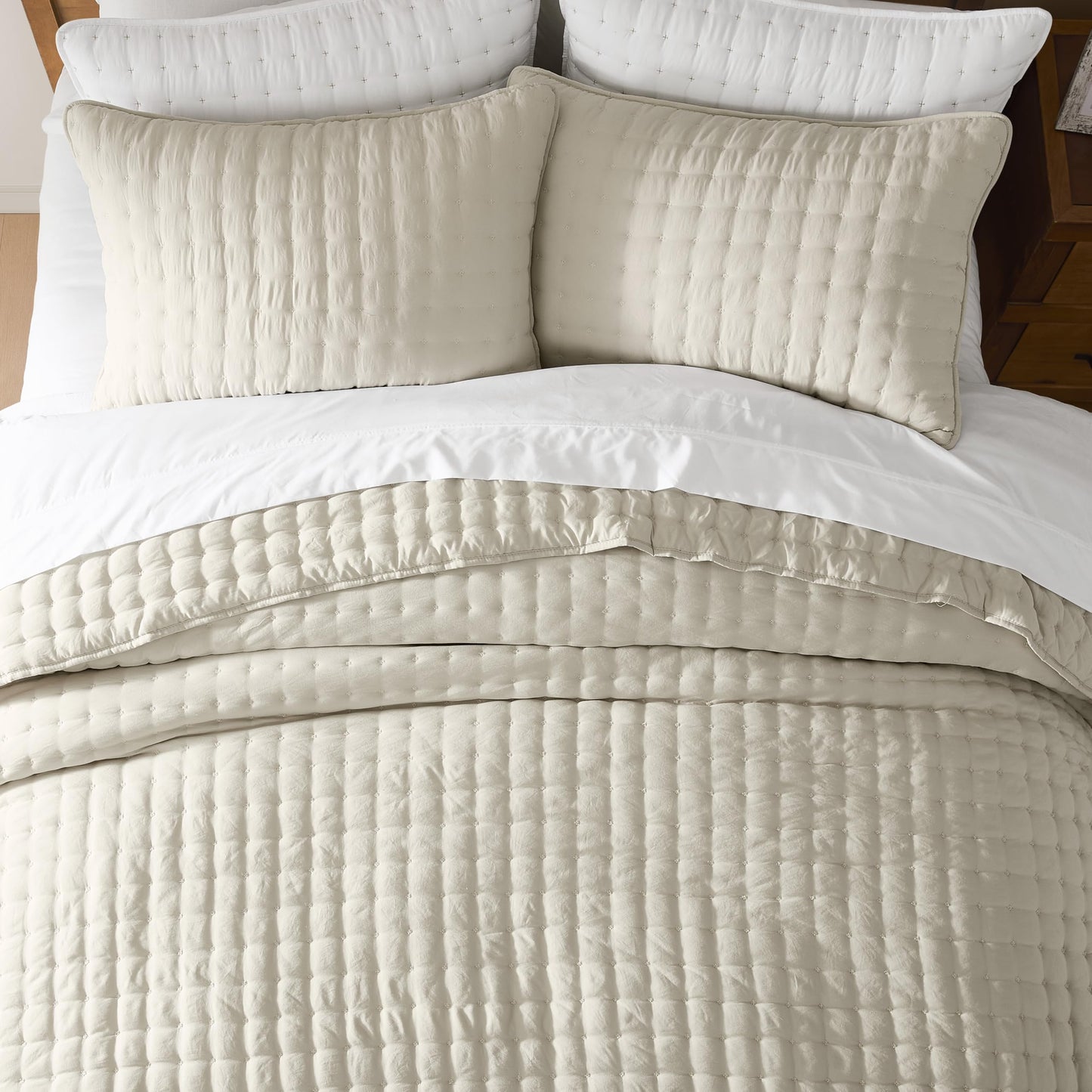WDCOZY Beige King Size Quilt Bedding Sets with 2 Pillow Shams, Neutral Lightweight Soft Bedspread Coverlet, Quilted Blanket Thin Comforter Bed Cover for All Season, 3 Pieces, 104x90 inches