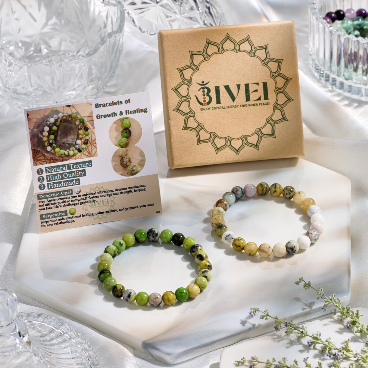 Bivei Natural Gemstone Semi Precious Crystals Handmade Stretchy Round Beads Bracelet, Enhance Positive Energy,Stocking Stuffers for Women(Opal fosters & Serpentine(Growth & Prosperity) Medium)