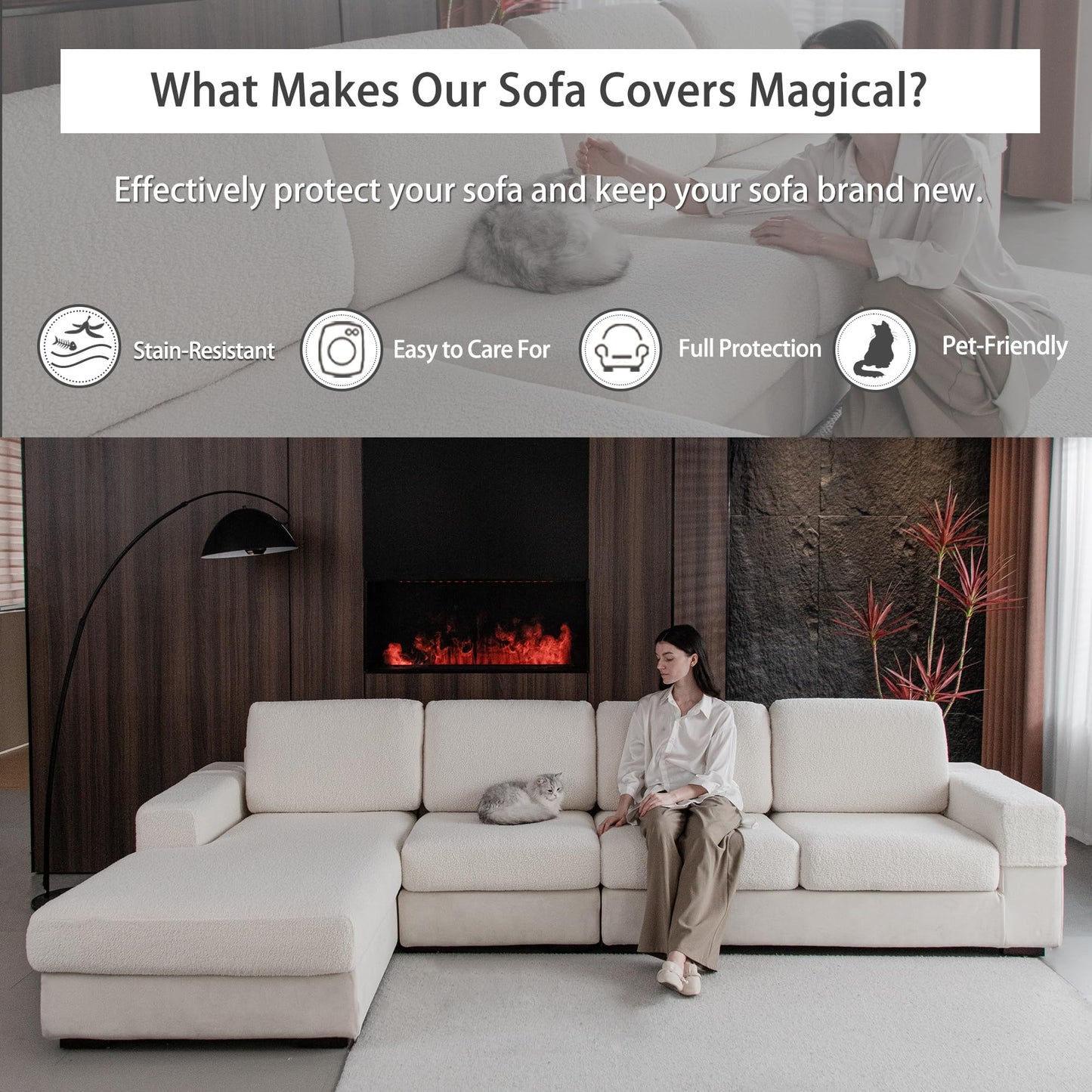 OHSIO Couch Cushion Covers for Sectional Sofa, Stretch Soft Sofa Slipcovers Washable Wear-Resistant Universal Furniture Protector for Living Room(1 Piece Chair Cover, Ivory)