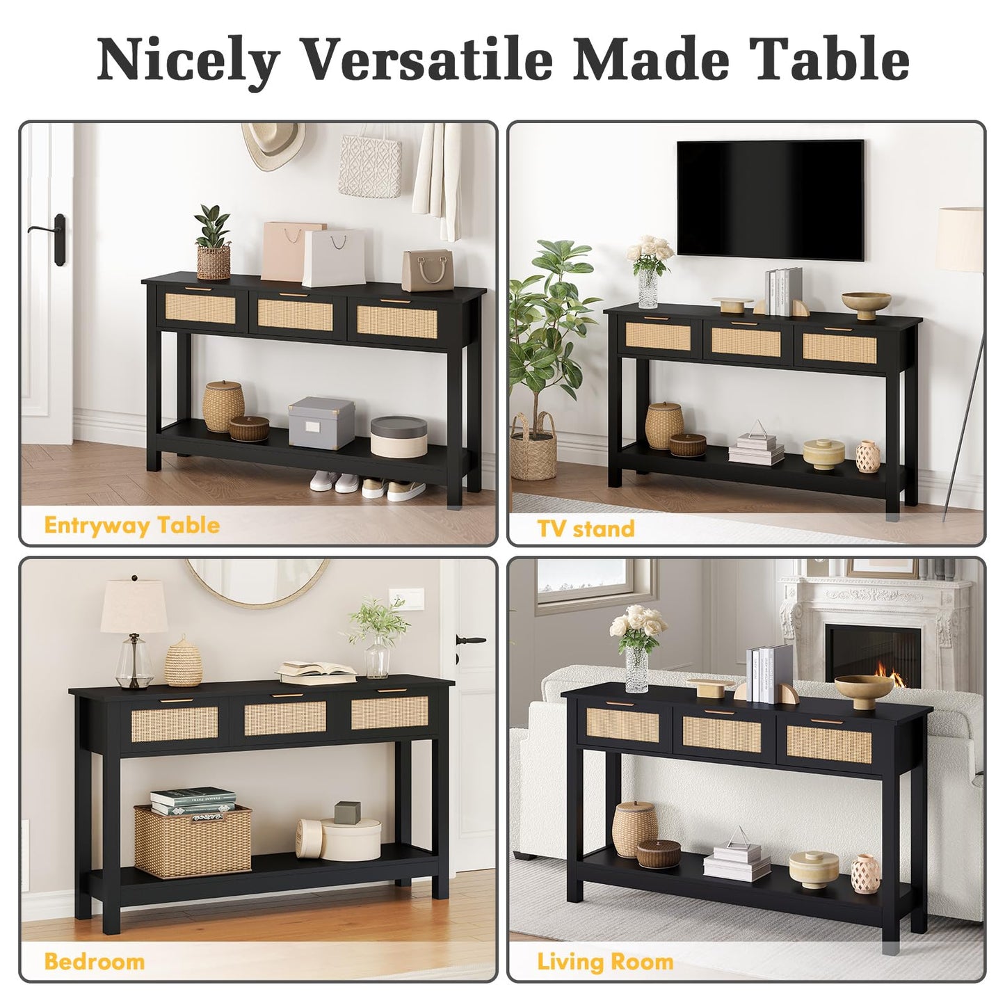 Luoxiao 47" Entryway Table with 3 Rattan Drawers, Narrow Console Table with Storage Shelf, Modern Black Slim Sofa Table for Living Room Hallway Foyer, Boho Entry Way Table, Anti-Tip, Easy Assembly