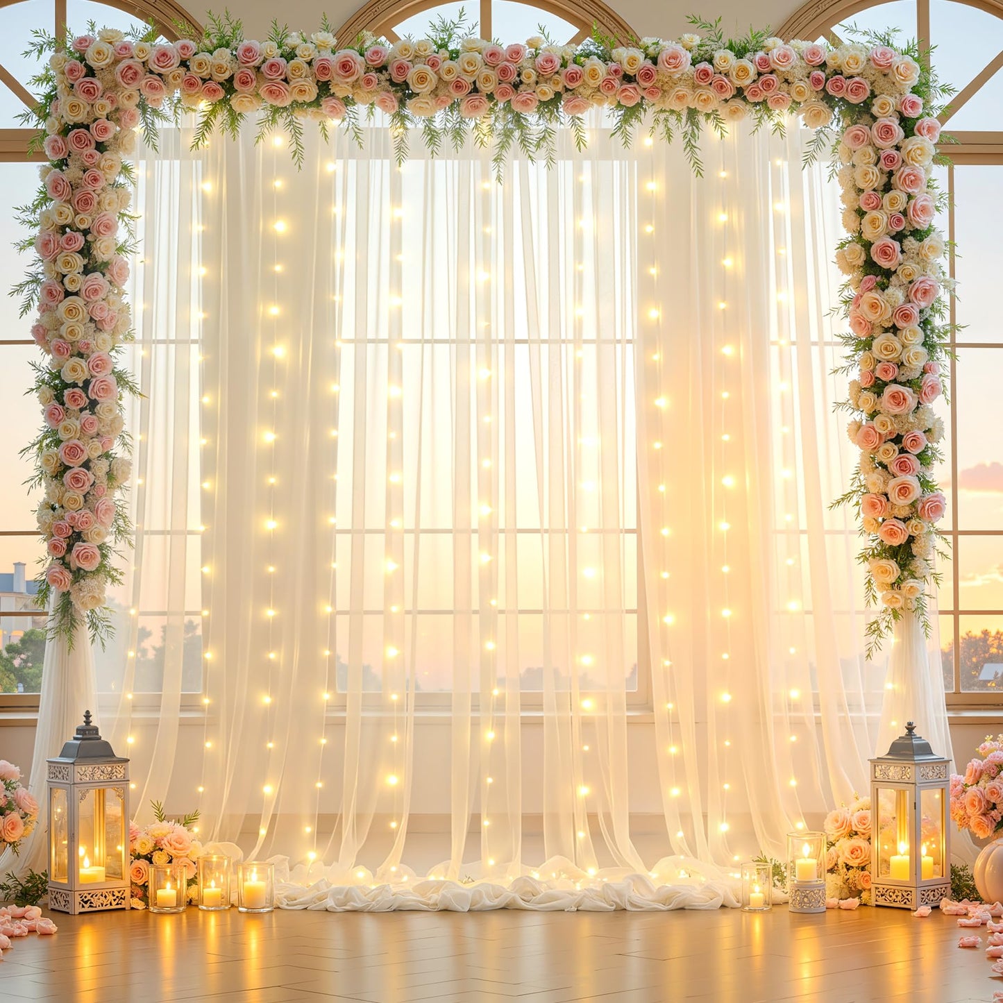 10x10ft Cream White Tulle Backdrop Curtains with Lights String for Parties,Wrinkle Free Sheer Curtain Wedding Photo Backdop Drapes for Baby Shower Birthday Party Photography Home Decorations