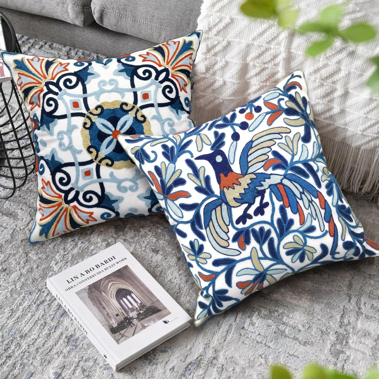 Alysheer Embroidered Fall Decorative Throw Pillow Cover 18"x 18" Set of 2, Boho Navy Blue Floral Embroidery Patterned Cotton Cushion Case for Sofa Couch Living Room Bedroom Outdoor