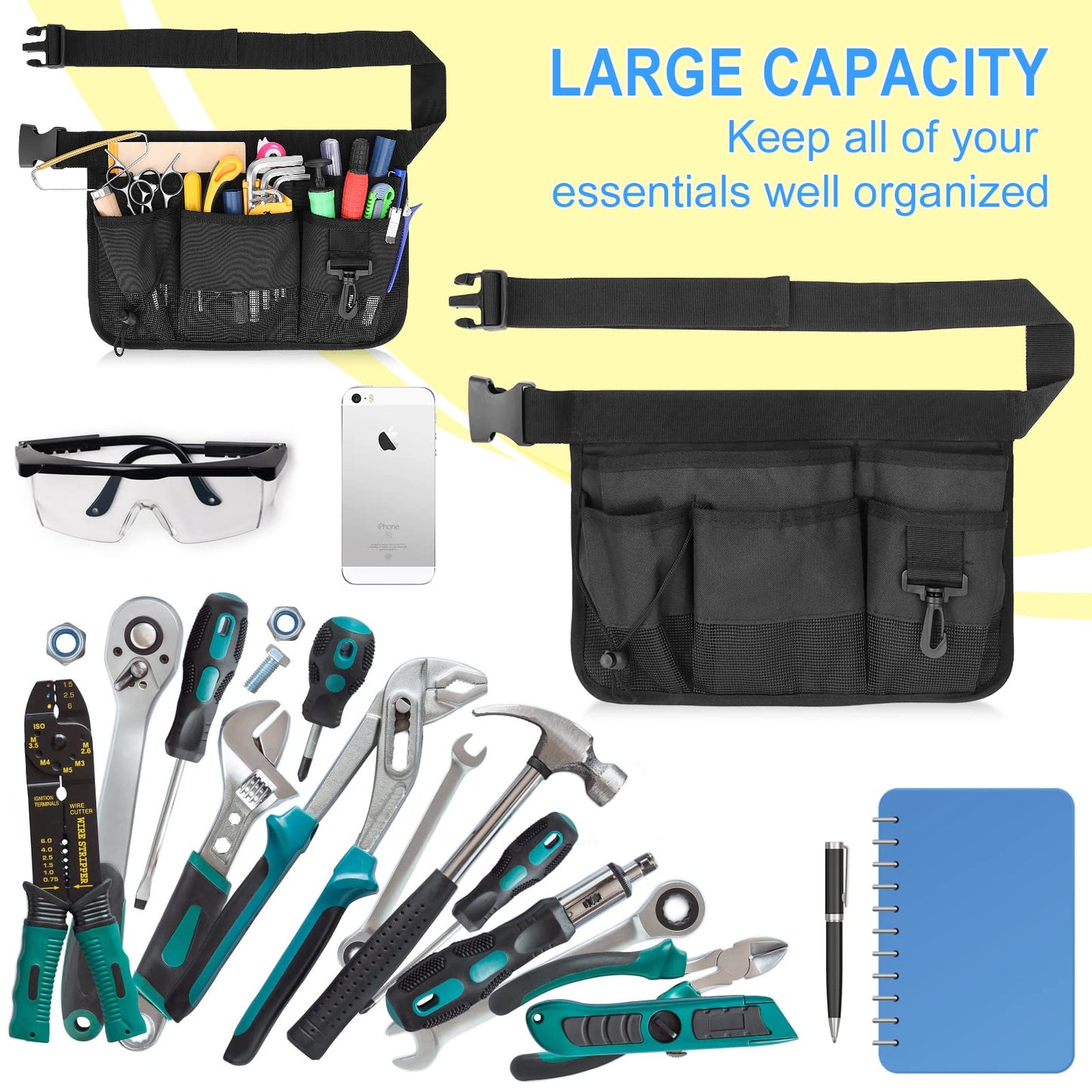 Geboor Gardening Tool Waist Bag Belt Heavy Duty Oxford Tool Apron with 7 Pockets of Different Sizes and Depth (Black)