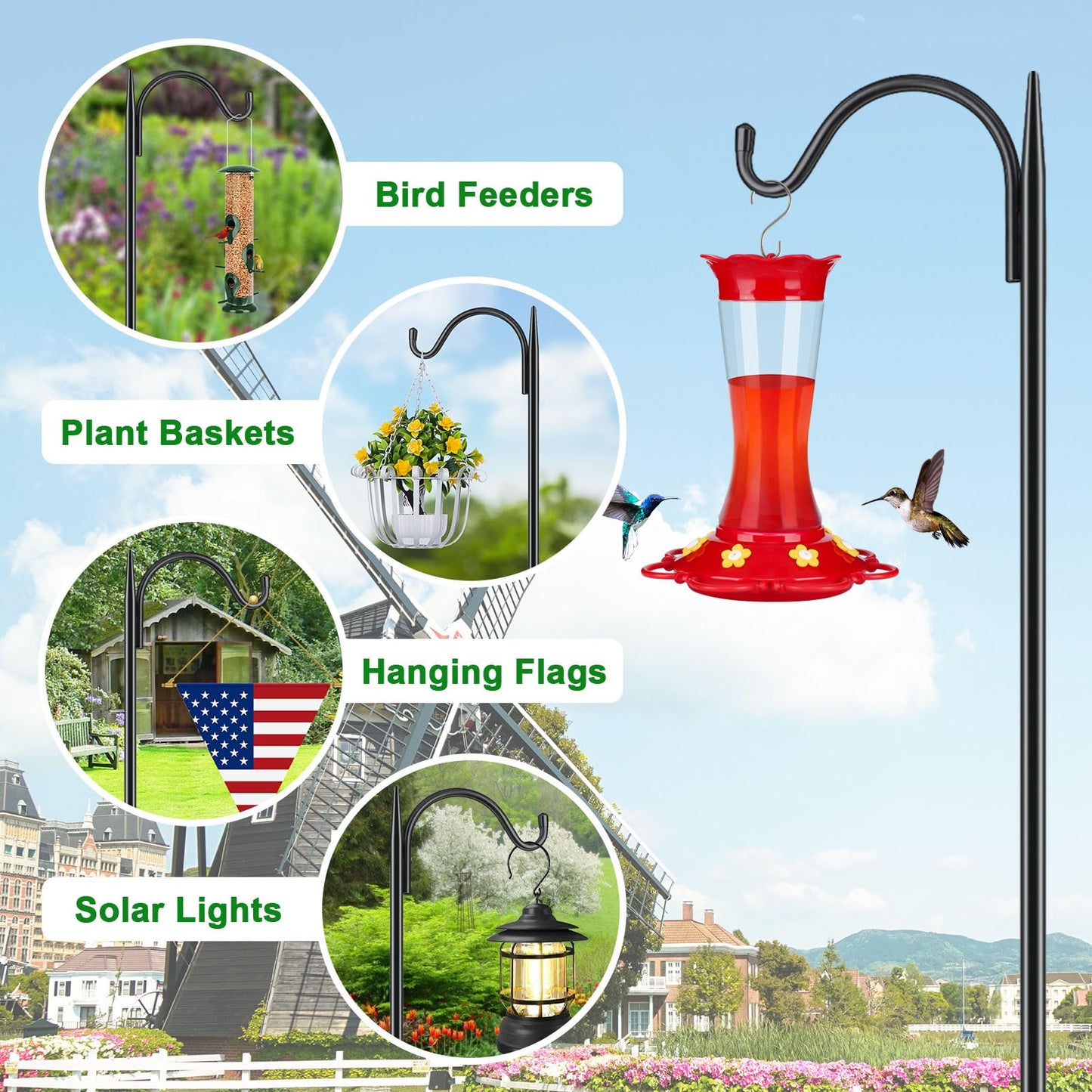 FEED GARDEN Adjustable Outdoor Shepherd Hook Bird Feeder Pole with 5 Prongs Base, 60 Inch Tall 5/8 Inch Thick, Heavy Duty Shepard Hook Stand for Hanging Bird Feeders, Plant Baskets, Black (1 Pack)
