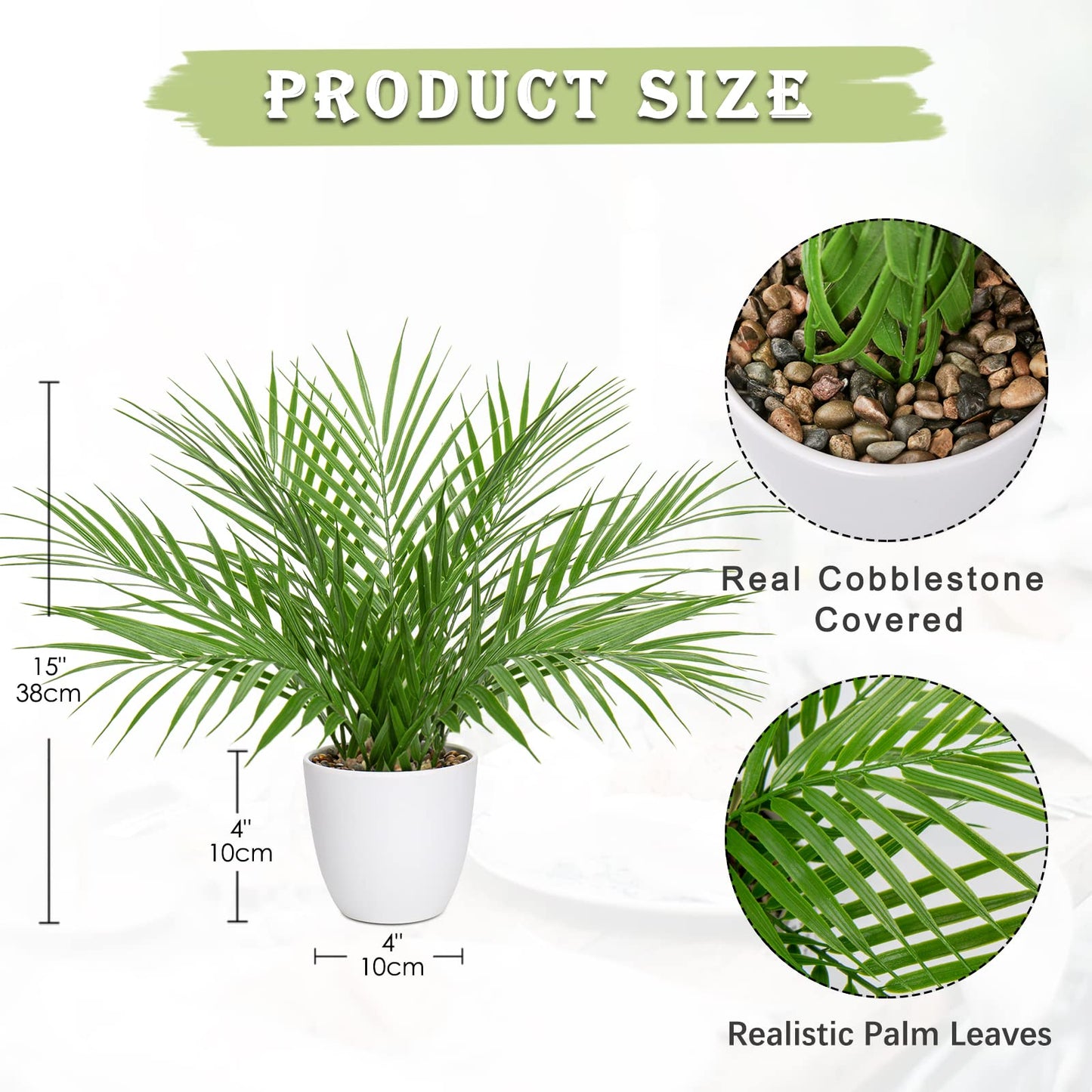 Briful Fake Plant 15’’ Artificial Palm Plant in White Pot Real Touch Faux Tropical Palm Tree Houseplant for Home Indoor Living Room Tabletop Balcony Decorations
