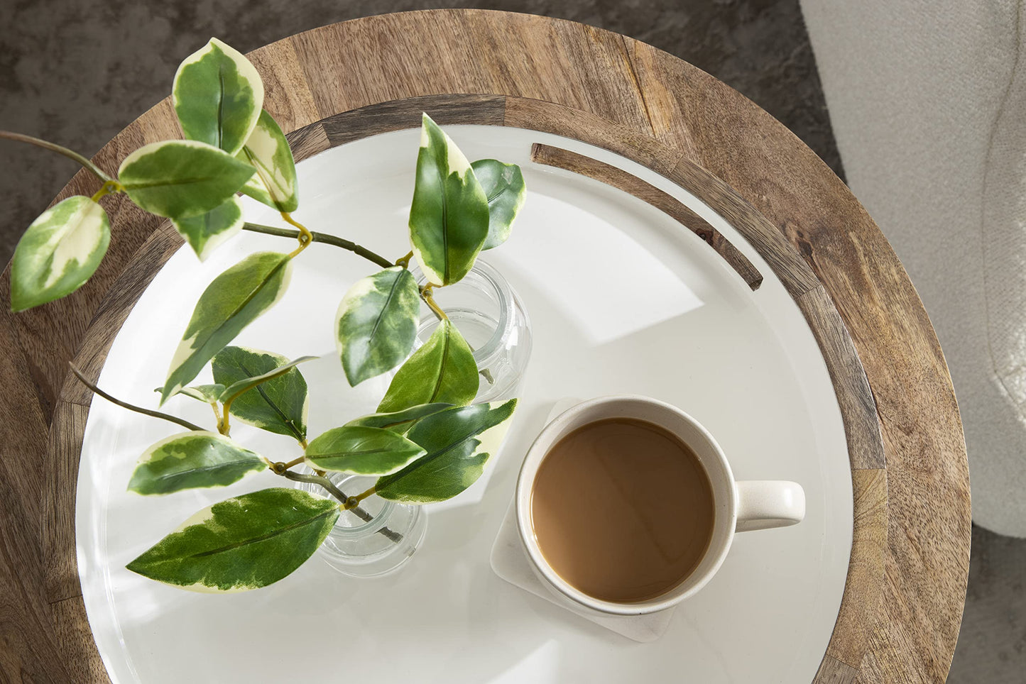Kate and Laurel Ehrens Boho Wood Tray, 15 Inch Diameter, Natural and White, Round Accent Tray for Transitional Decor