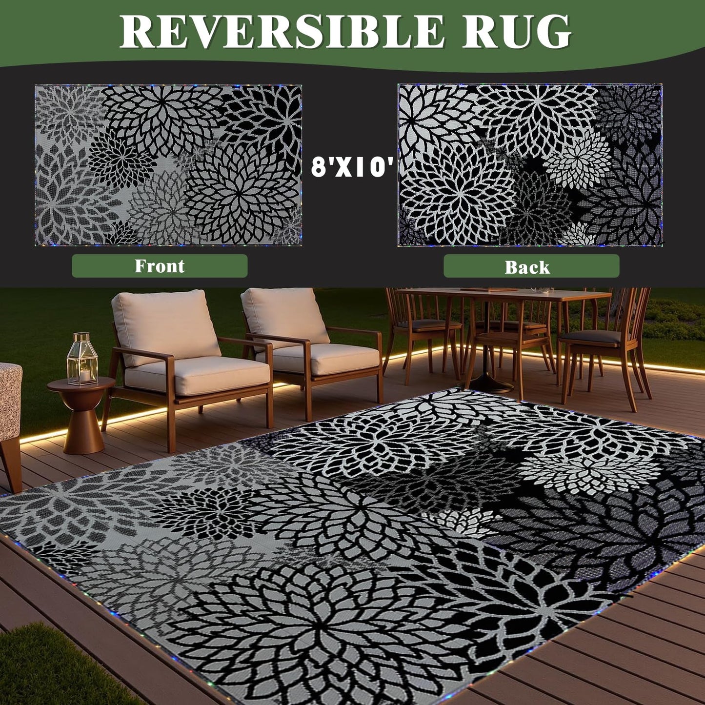 YONILE Outdoor Rug 8x10 ft with LED Light, Waterproof Reversible Outdoor Plastic Straw Rug for Patios Clearance, Large Outdoor Area Rug Carpet RV Mat for Camping Backyard Deck Porch Beach
