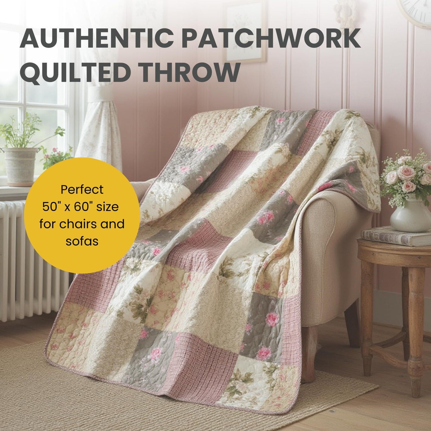 SLPR Cotton Quilted Throw Blanket, 50" x 60" Floral Farmhouse Patchwork Quilt, Shabby Chic Patchwork Throw Lap Quilt for Couch, Secret Garden