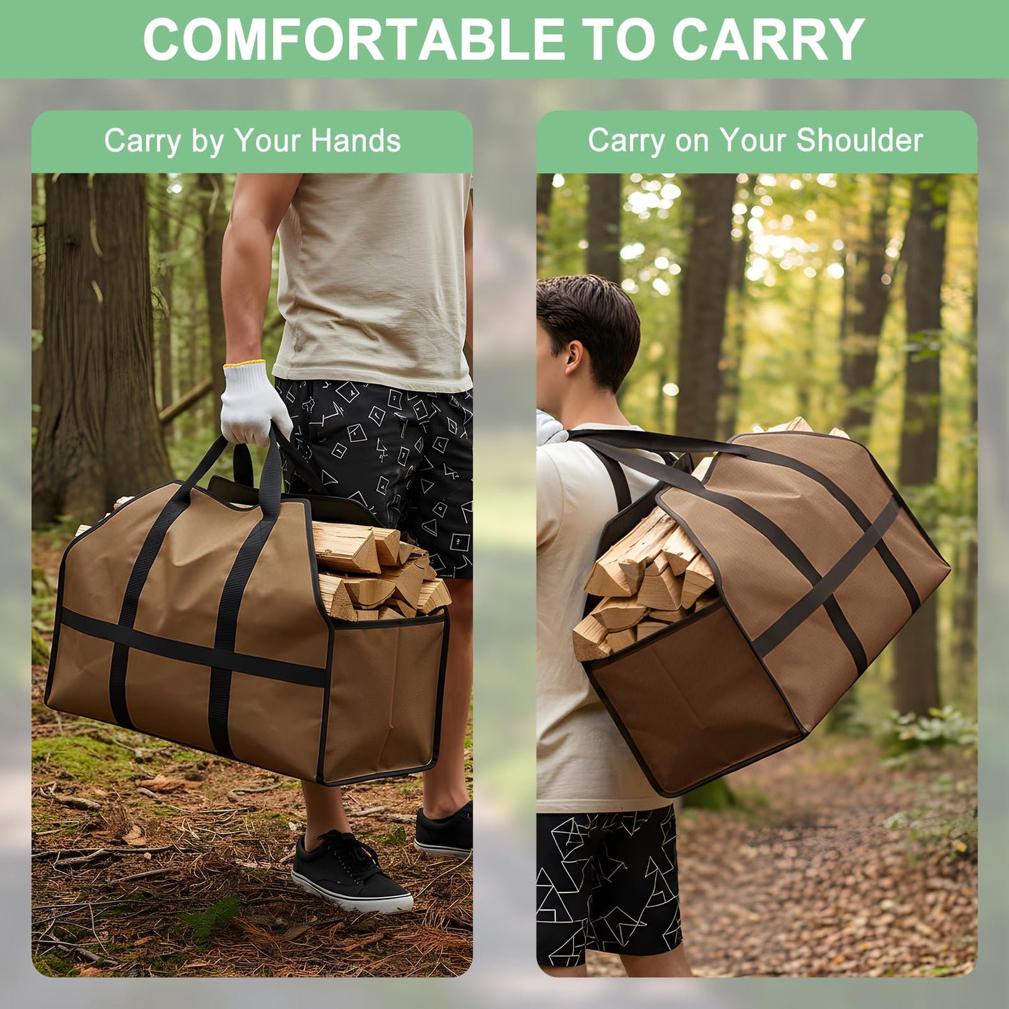 LBTING Firewood Log Carrier, Heavy Duty Oxford Log Tote Wood Carrying Bag with Handle Strap, Suitable for Indoor Fireplace and Outdoor Camping - Brown
