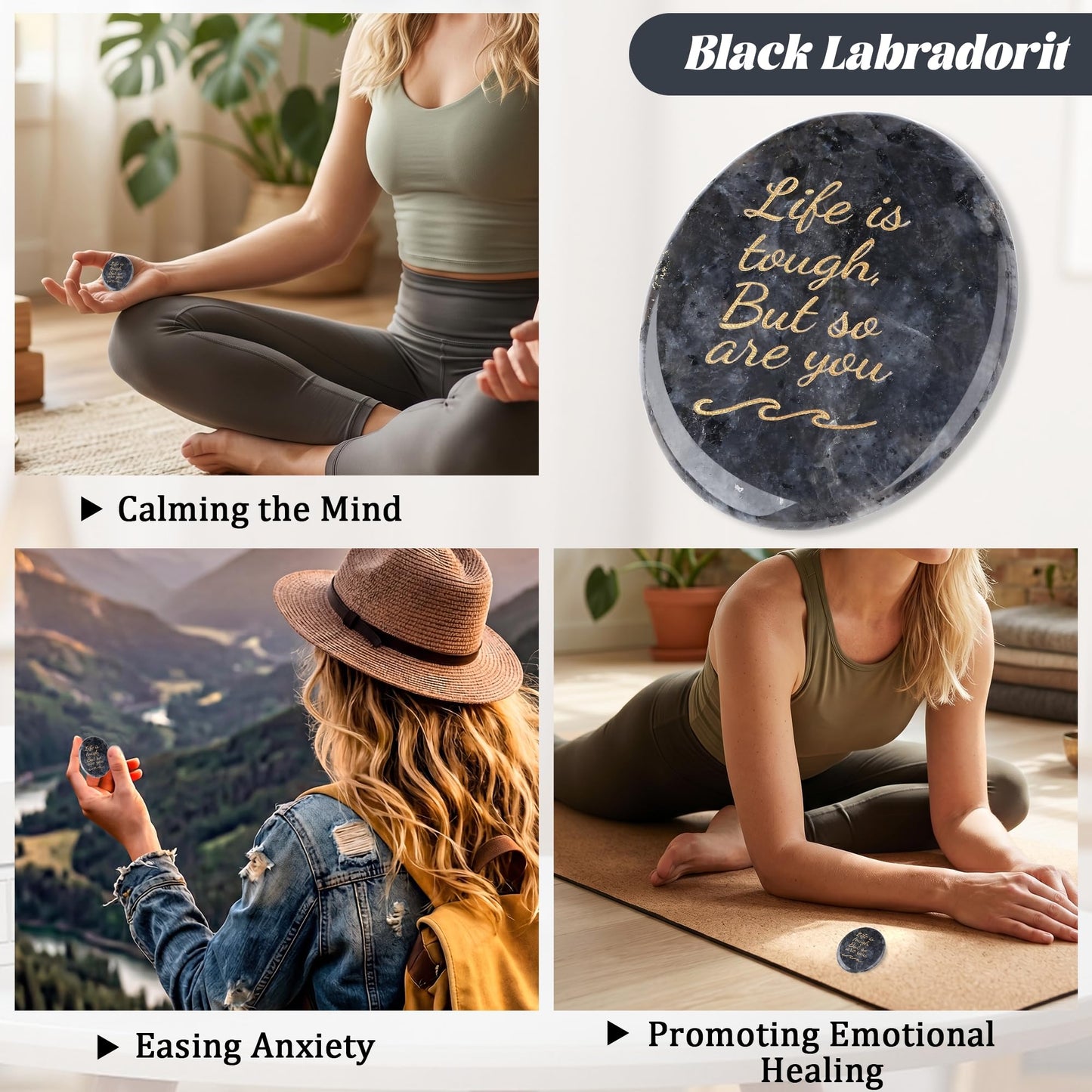 NUKAYAI Inspirational Gifts Black Labradorite Worry Stone Crystal Stone Healing Crystals Pocket Natural Stress Relief Gifts Meditation Accessories Palm Reiki Trinket Anxiety Relief Items for Women Men