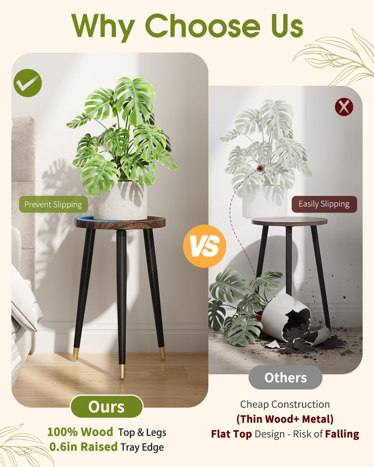 AZADESJET Plant Stand Indoor 2 Pack, Wood Mid Century Indoor Plant Stand, Tall Plant Stands for Flower Pot, Modern Plant Table, Small Side End Table With Raised Design, Walnut, 11.7"x18.8" & 11.7"x13"