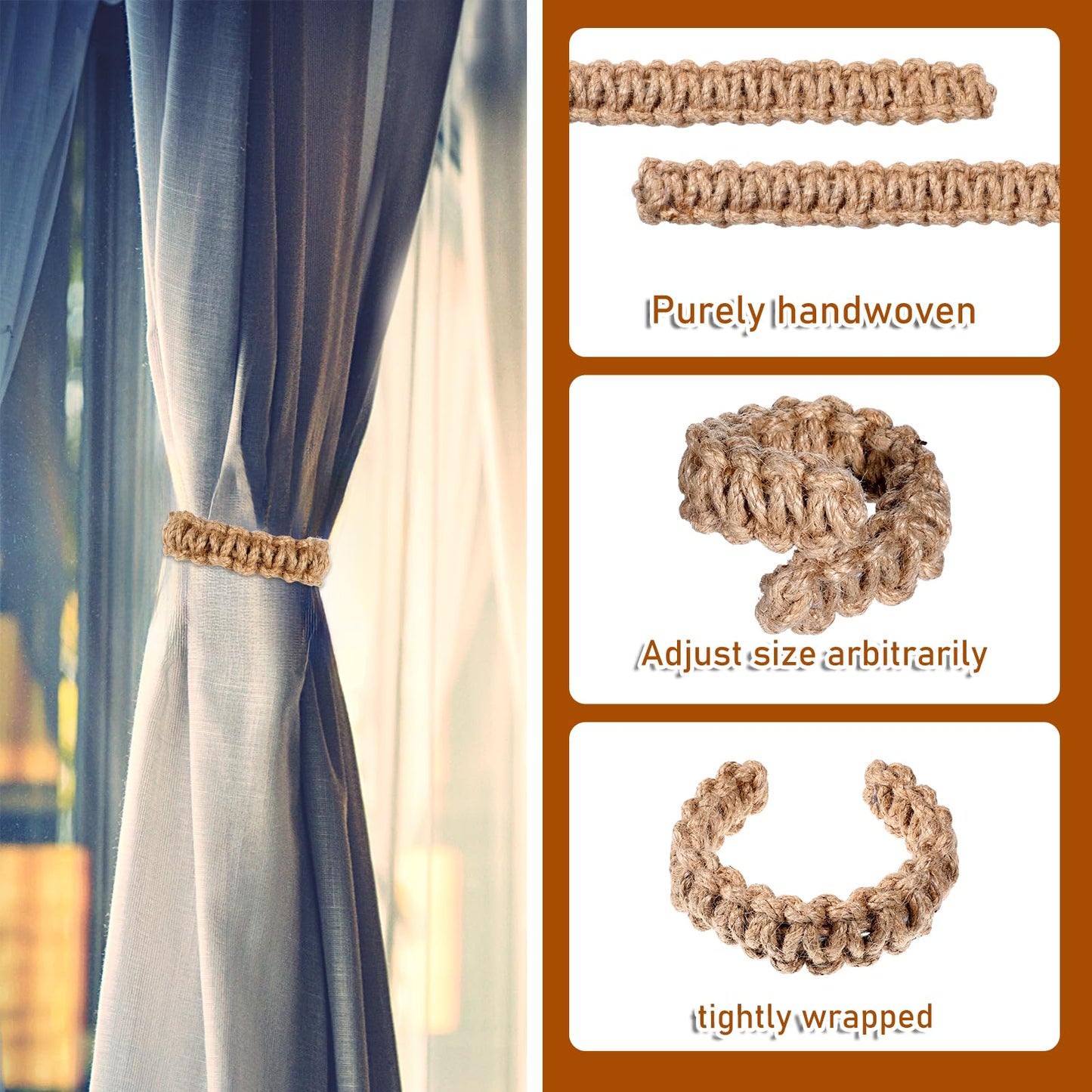 Ptwola 4 Pack Braided Curtain Tiebacks Boho Elegant Rustic Curtain Holdbacks Tie Backs Holders Set Simple Light Weight Drapes Decorative Accessories Handmade for Home Office Bedroom Window (4, Linen)