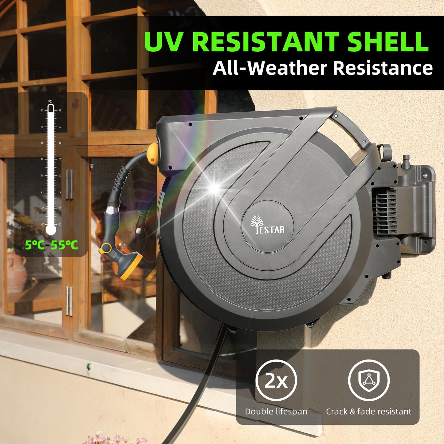 Retractable Garden Hose Reel 1/2 in x100 ft, Heavy Duty Wall Mounted Hose Reel with 10- Function Sprayer Nozzle, Any Length Lock/Automatic Slow Return System,180° Swivel Bracket