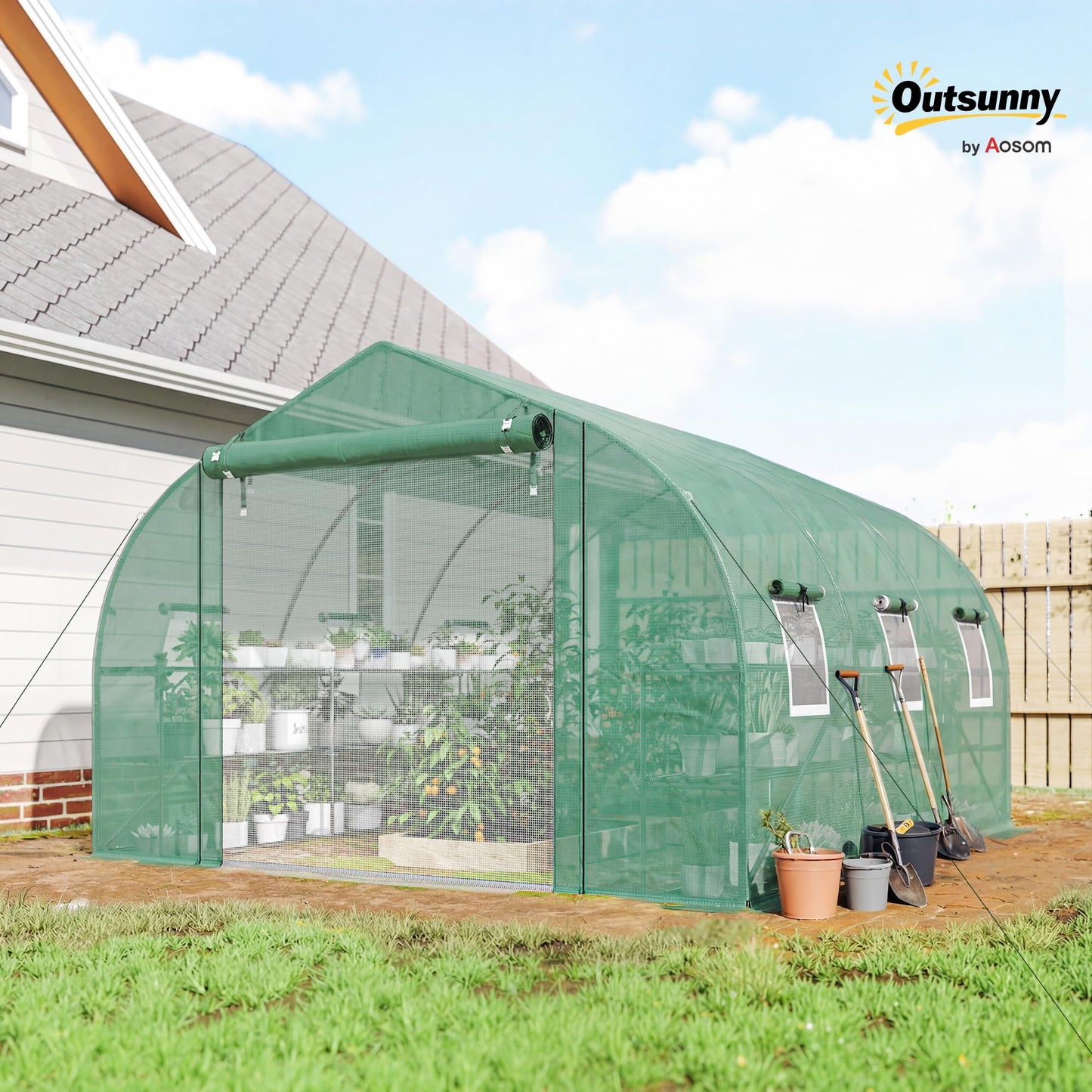 Outsunny 10'x11'x6' Walk-in Tunnel Greenhouse with Shelves, Mesh Door and Windows, Plant Hot House with PE Cover, Outdoor Green House for Patio Lawn Garden, Green