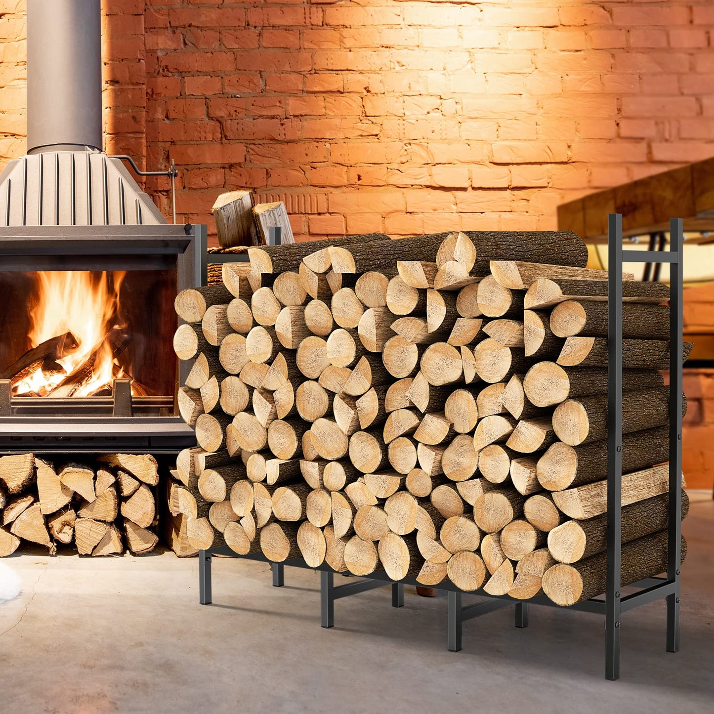 4FT Firewood Rack Indoor Outdoor, Heavy Duty Log Holder Stand for Fireplace, Adjustable Wood Storage Organizer with Weather-Resistant Tubular Steel, Cradle for Kindling & Stacking Logs
