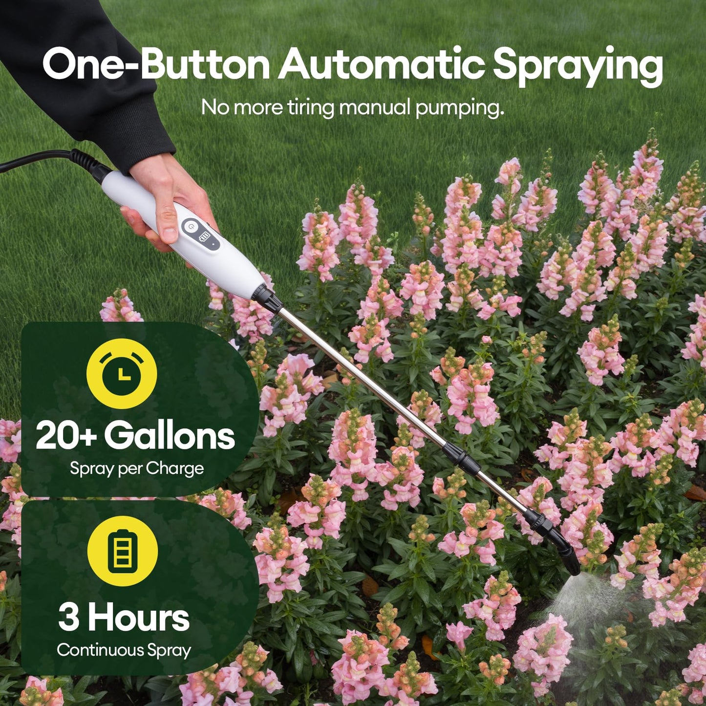 MAYGROVE 2 Gallon Electric Sprayer, Battery Powered Spray Bottle, Automatic Water Pump Plant Mister, Weed Yard Sprayer with 3 Nozzles, Ergonomic Handle, 3 Hours Long Battery Life