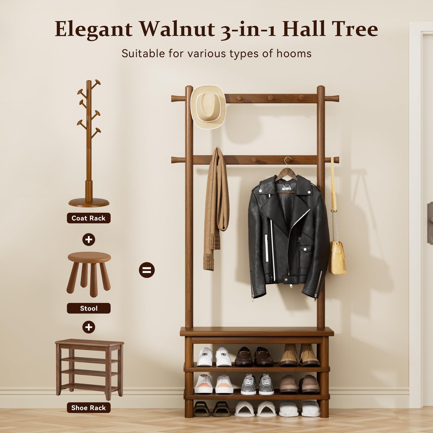 Wamhom Hall Tree, 3-in-1 Entryway Bench with Coat Rack, 11 Hooks and 2-Tier Hall Tree with Shoe Storage Bench, Solid Wood Coat Rack Freestanding, 27.2" Long