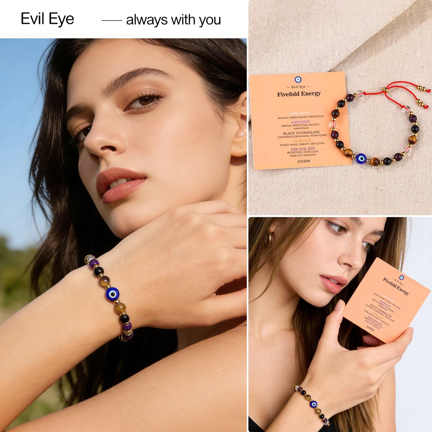 Cute Evil Eye Bracelet Red Black - Natural Crystal Protection Adjustable Spiritual Guardian Jewelry- 5 Healing Stones Clear Quartz Amethyst Black Tourmaline Tiger Eye Bracelet Adjustable (Blue Eye-Red Rope)