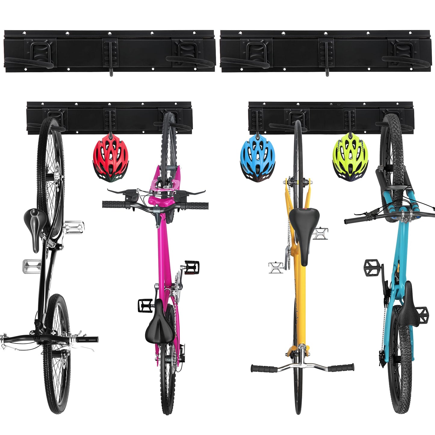 Sinoer Bike Storage Rack,Bike Storage Hanger, 4 Bikes + 3 Helmets Heavy Duty Bike Storage Vertical Bike Rack Holds up to 66lbs, 20 inches / 511mm -2 Rails
