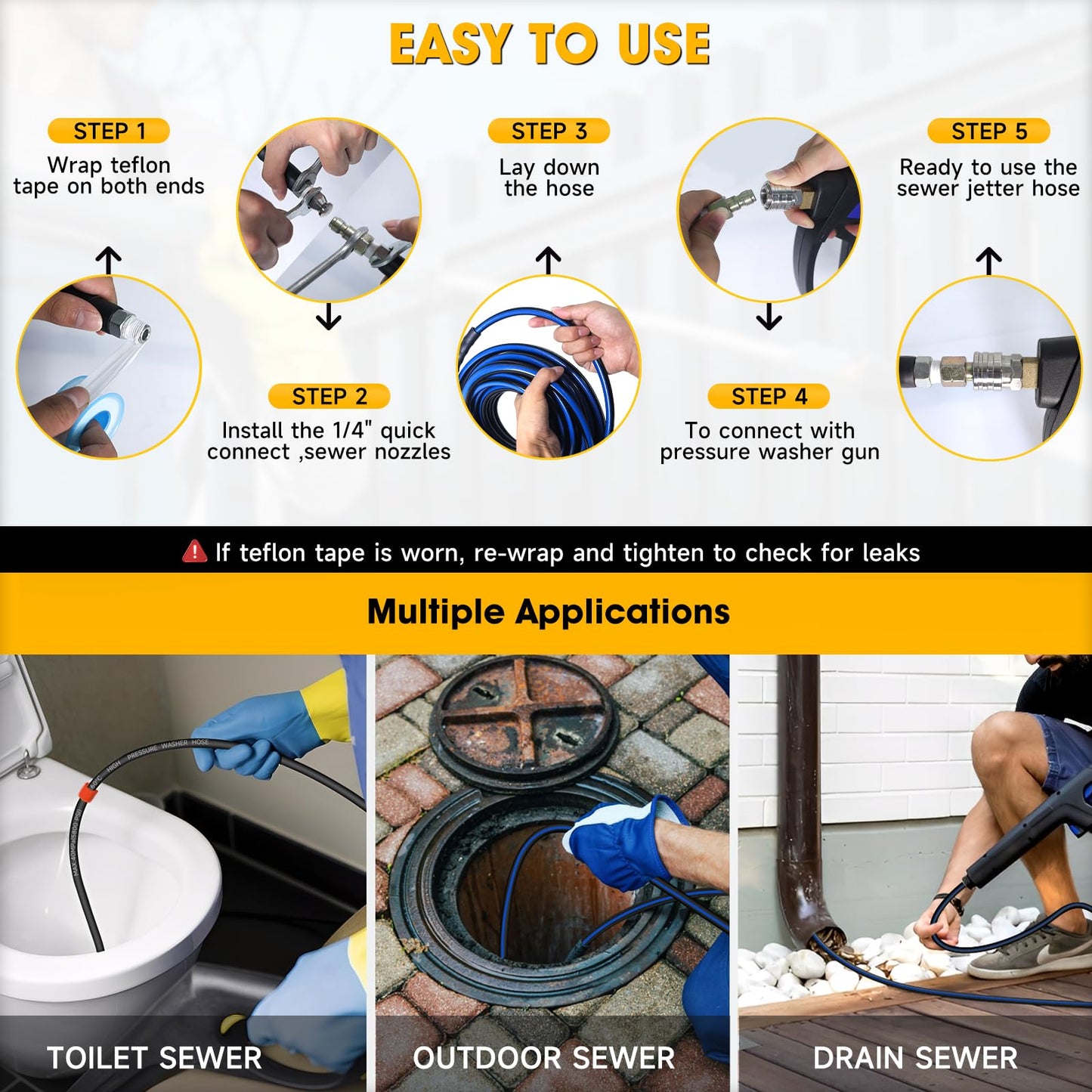 TUTULUCK Sewer Jetter Kit for Pressure Washer 50ft – 5800PSI Drain Jetter Hose 1/4 Inch NPT Corner with Watering Spray Nozzle, Rotating and Button Hose Sewer Jetting Nozzles & Easy-to-Store Strap