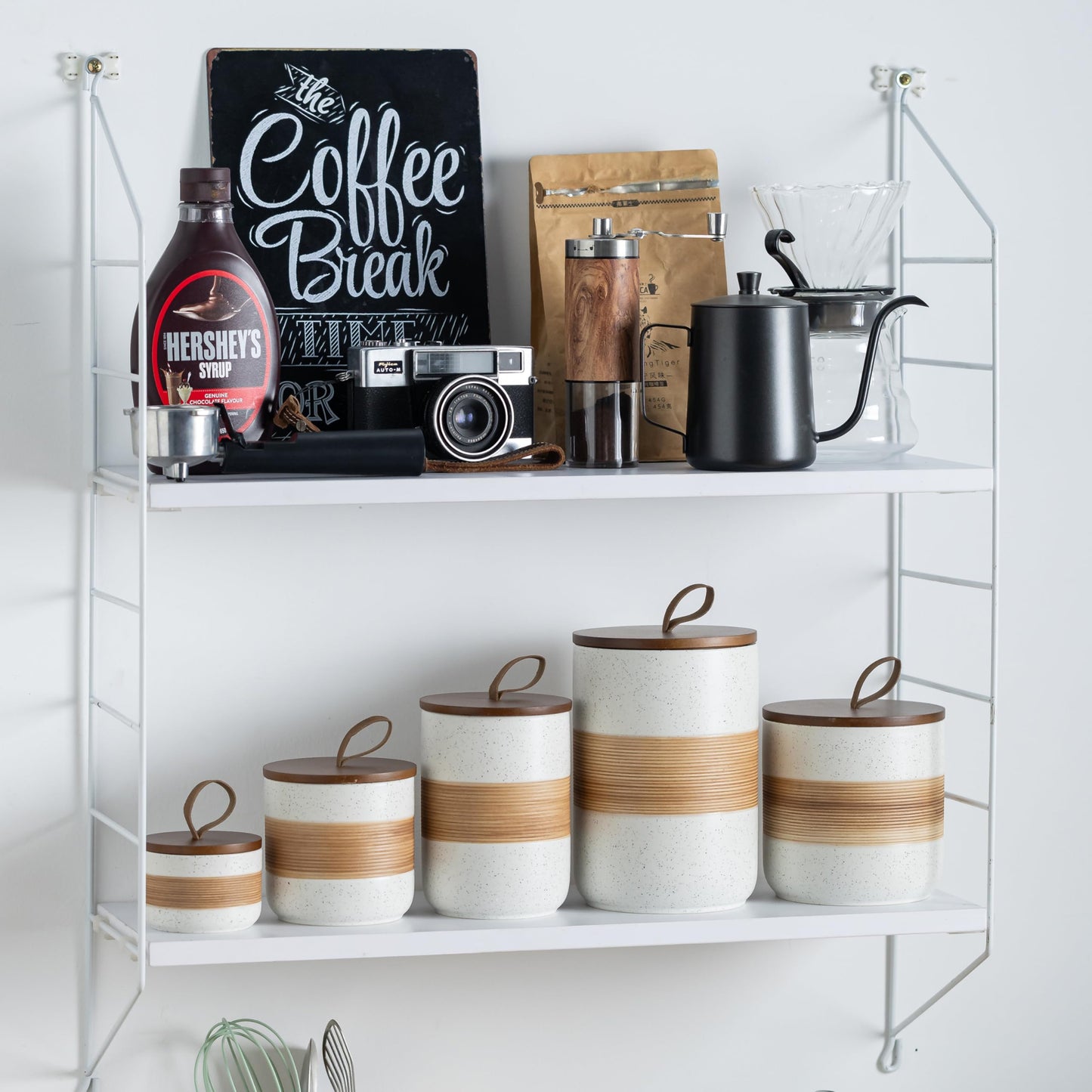 Miamolo Ceramic Jar with Lid, Coffee Container Kitchen Food Storage Jars for Spice Sugar Tea Bag, Stackable Decorative Jars for Countertop, White & 18 fl.oz