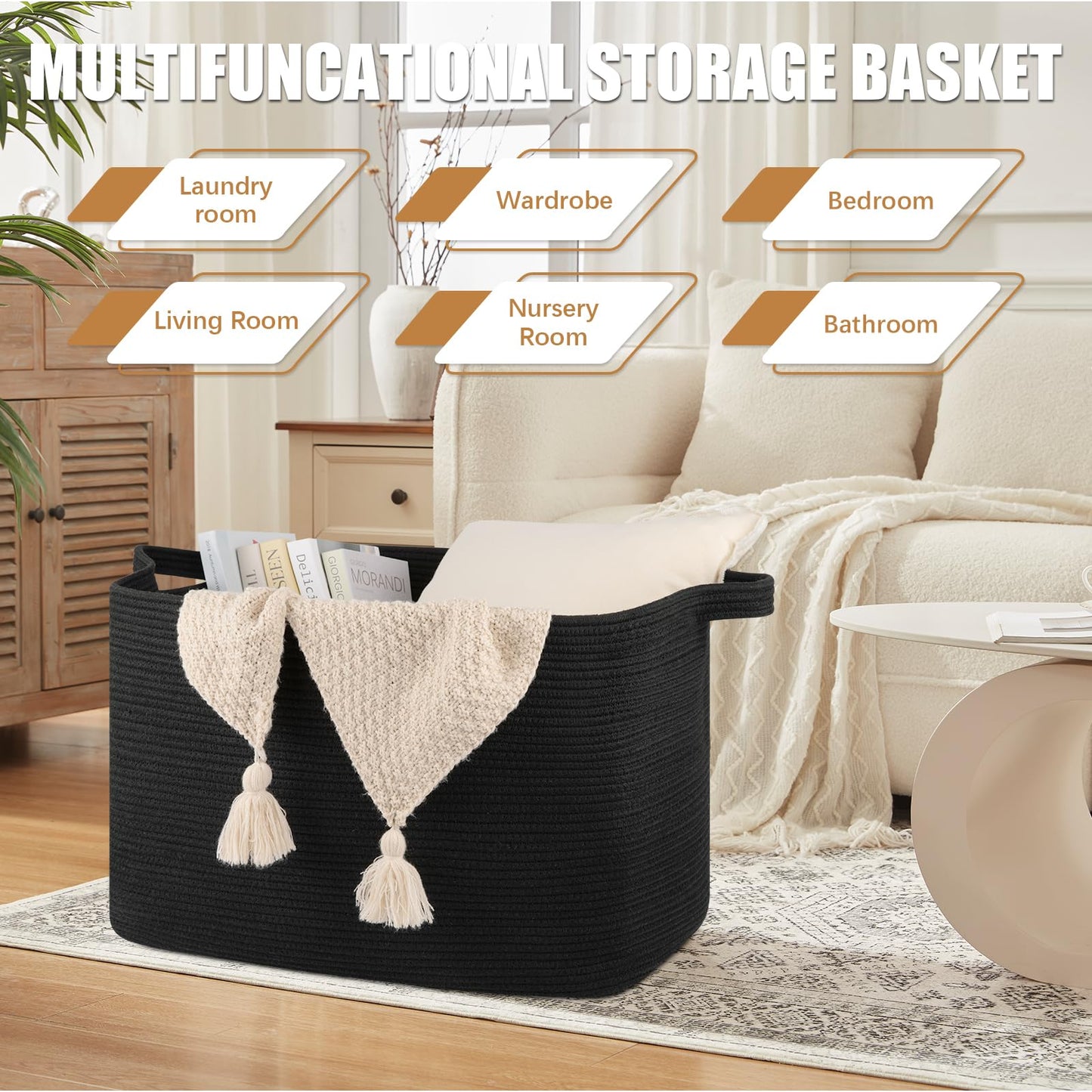 OIASKET 118L Extra Large Blanket Basket, 24.8"x17.7"x16.2" Woven Rope Baskets for Storage, Nursery Blanket Storage for Living Room, Toy Basket with Handle Organizing Comforter Cushions Pillows, Black