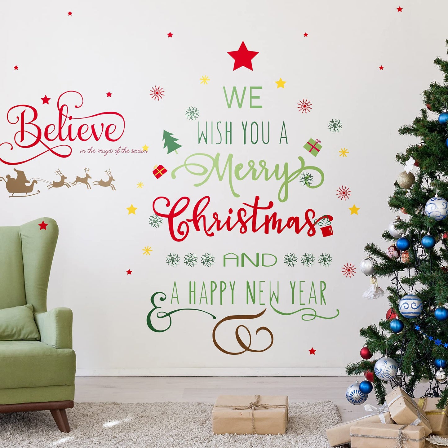 Outus Happy New Year Decal Stickers Believe Quotes Wall Decals Reindeer Christmas Tree Wall Art Decals Decor Removable Modern for New Year Party Supplies Home Window Decor