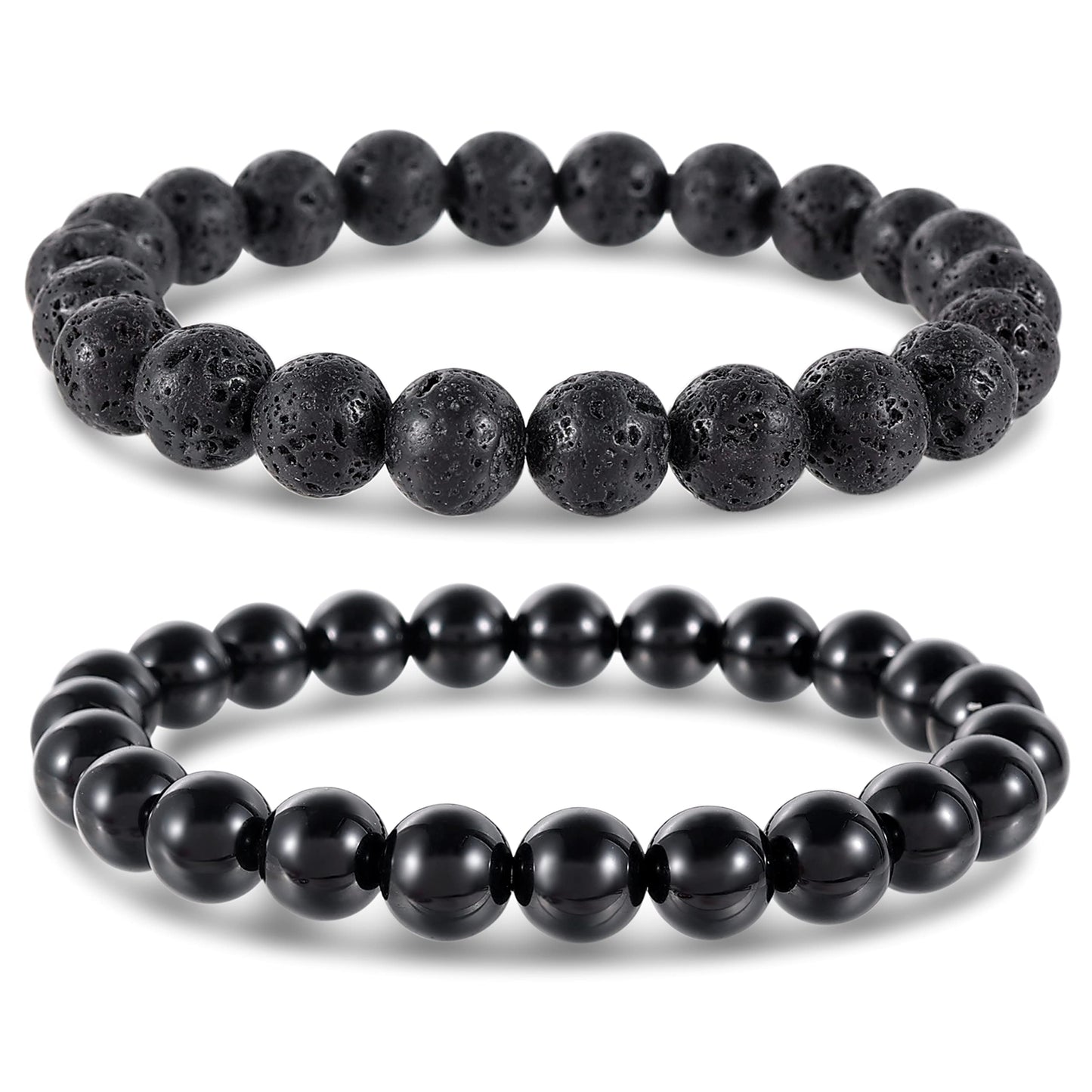 Bivei Natural Gemstone Semi Precious Crystals Handmade Stretchy Round Beads Bracelet, Enhance Positive Energy,Stocking Stuffers for Women(Lava Stone & Black Obsidian (Protection) Medium)