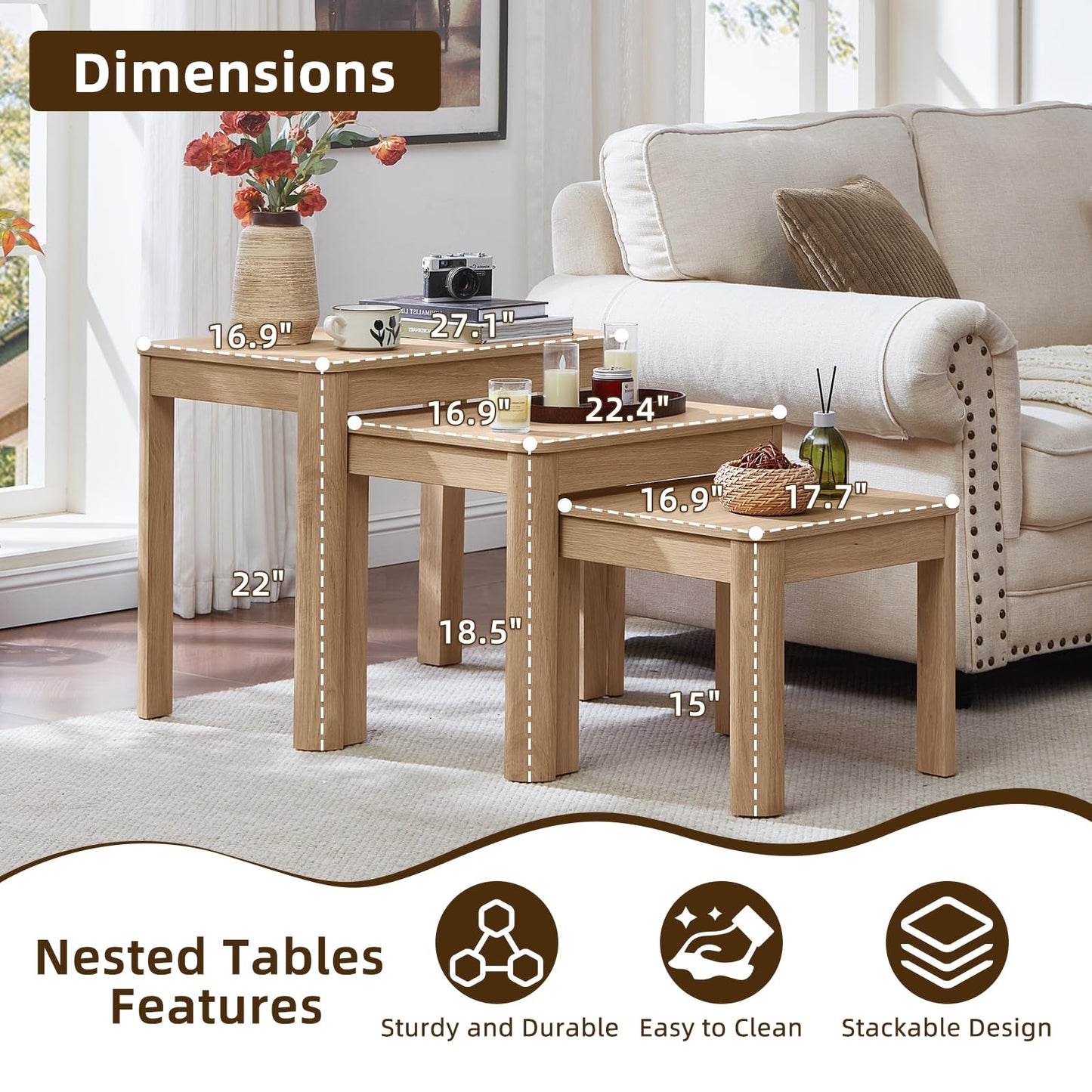 Joaxswe Farmhouse Nesting Tables Set of 3, Living Room Table Set with Rounded Corners & 4 Thickened Table Legs, Natural Wood