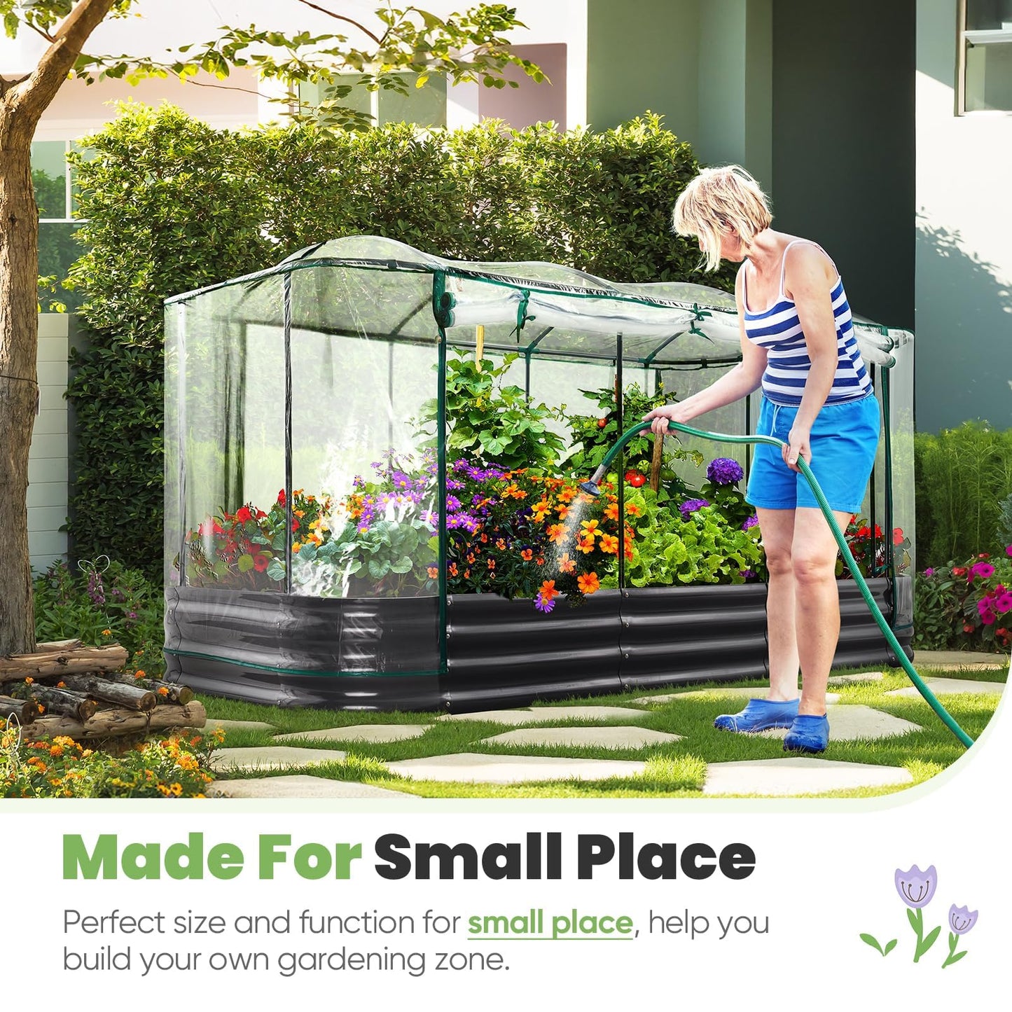 KING BIRD Raised Garden Bed with Cover Galvanized Oval Planter Garden Box 94.5x47.2x11.8 in, Clear, Outdoor for Gardening, Vegetables, Flowers