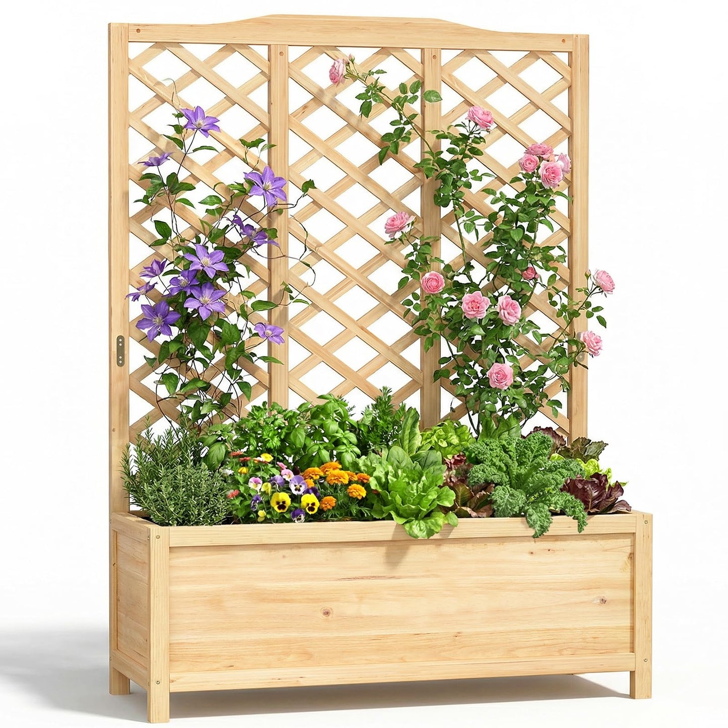 UrGROWA Wooden Raised Garden Bed with Trellis, Freestanding Planter Box with Drainage for Vines Climbing Plants Flowers Herbs, Elevated Gardening Planter for Backyard Balcony Patio