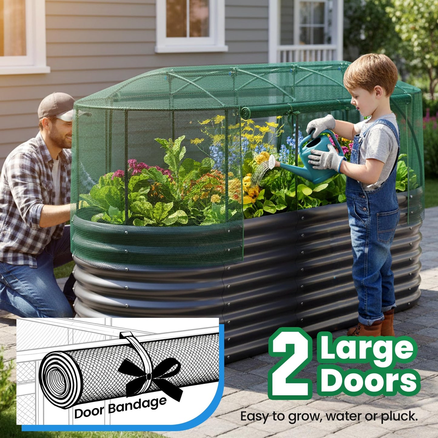 Quictent Galvanized Raised Garden Bed Kit with Self Watering System and Mesh Cover, Large Oval Metal Outdoor Planter Garden Boxes for Vegetables Herbs Flowers, 8x3x2Ft