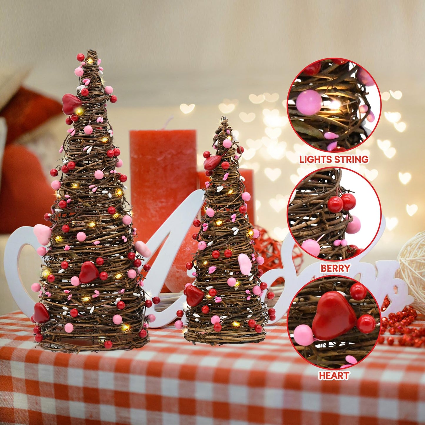 CRCZK Valentines Day Rattan Table Tree Decor with Lights Valentines Day Decorations 2Pack Lighted Tree with Red Heart&Berries Pink Table Centerpieces Valentine's Day Decorations Indoor Party Gifts