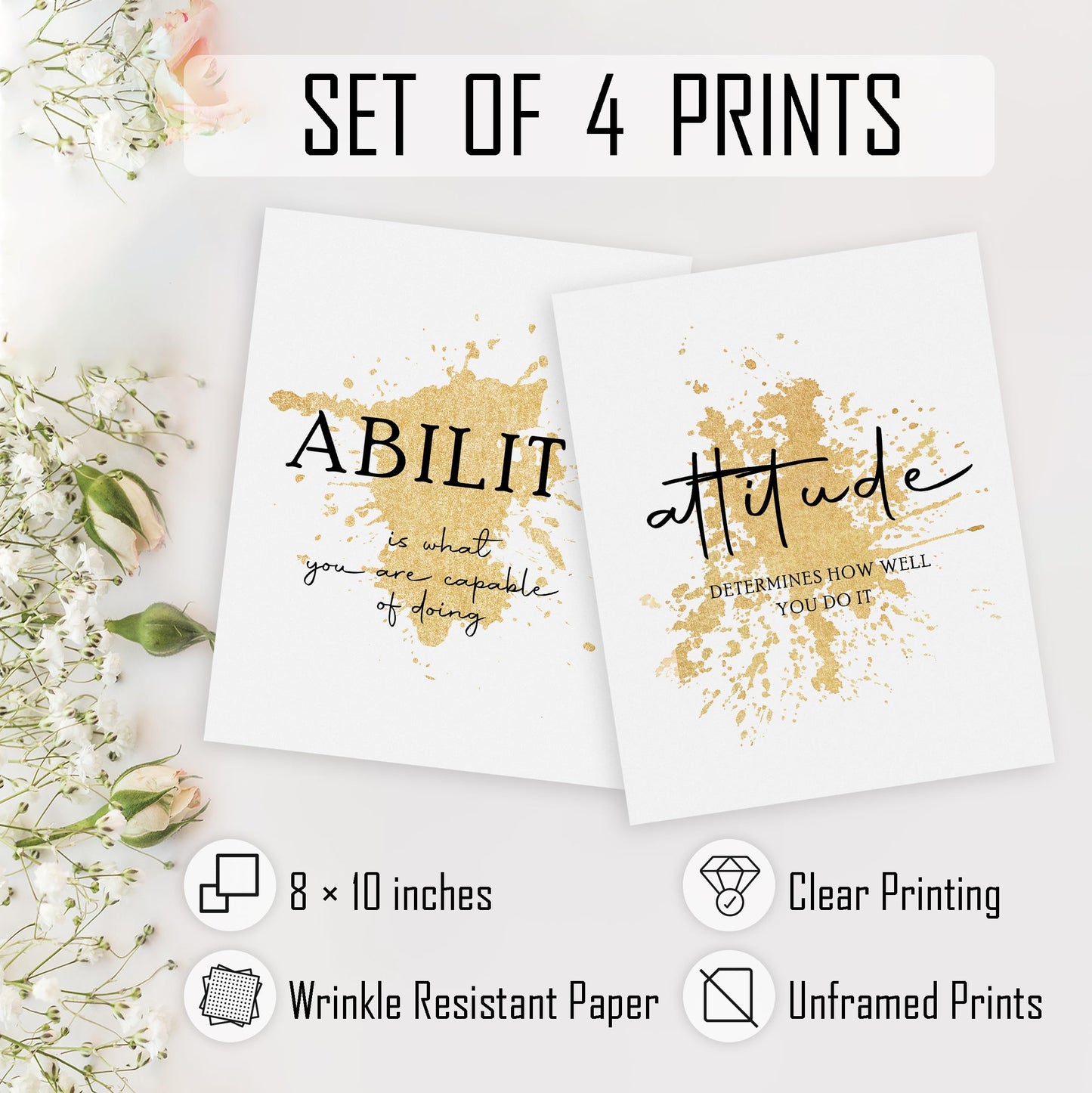 HRQKO Office Gold Inspirational Wall Art Poster Prints Set of 4, Motivational Wall Art, Modern Gold Artwork Prints Posters Wall Decor, Affirmations Prints for Office Women Men 8”x10” Unframed