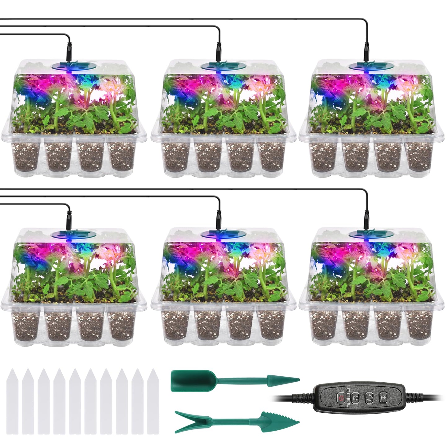 Seed Starter Trays with Grow Lights, 72 Cells Seed Starter Kit with Lights, 4 Timing Set, Germination Kit for Seed Starting Trays, Seedling Starter with High Humidity Control Domes (White, 6PCS)