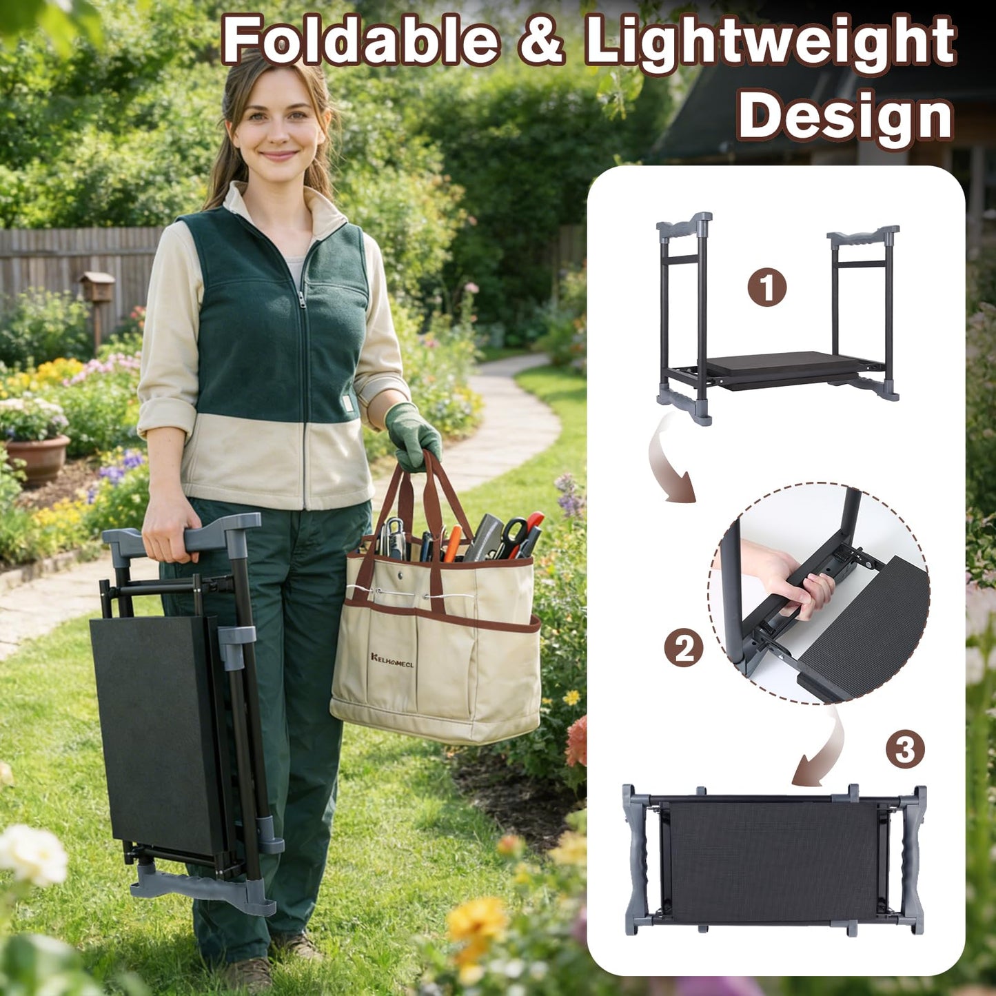 KELHOMECL Garden Kneeler and Seat, Extra Wide Thick EVA Pad, Heavy Duty Foldable Garden Bench Holds 350lbs, Ergonomic Kneeling Stool with Garden Tool Pouches, Gardening Gifts for Women, Men, Seniors