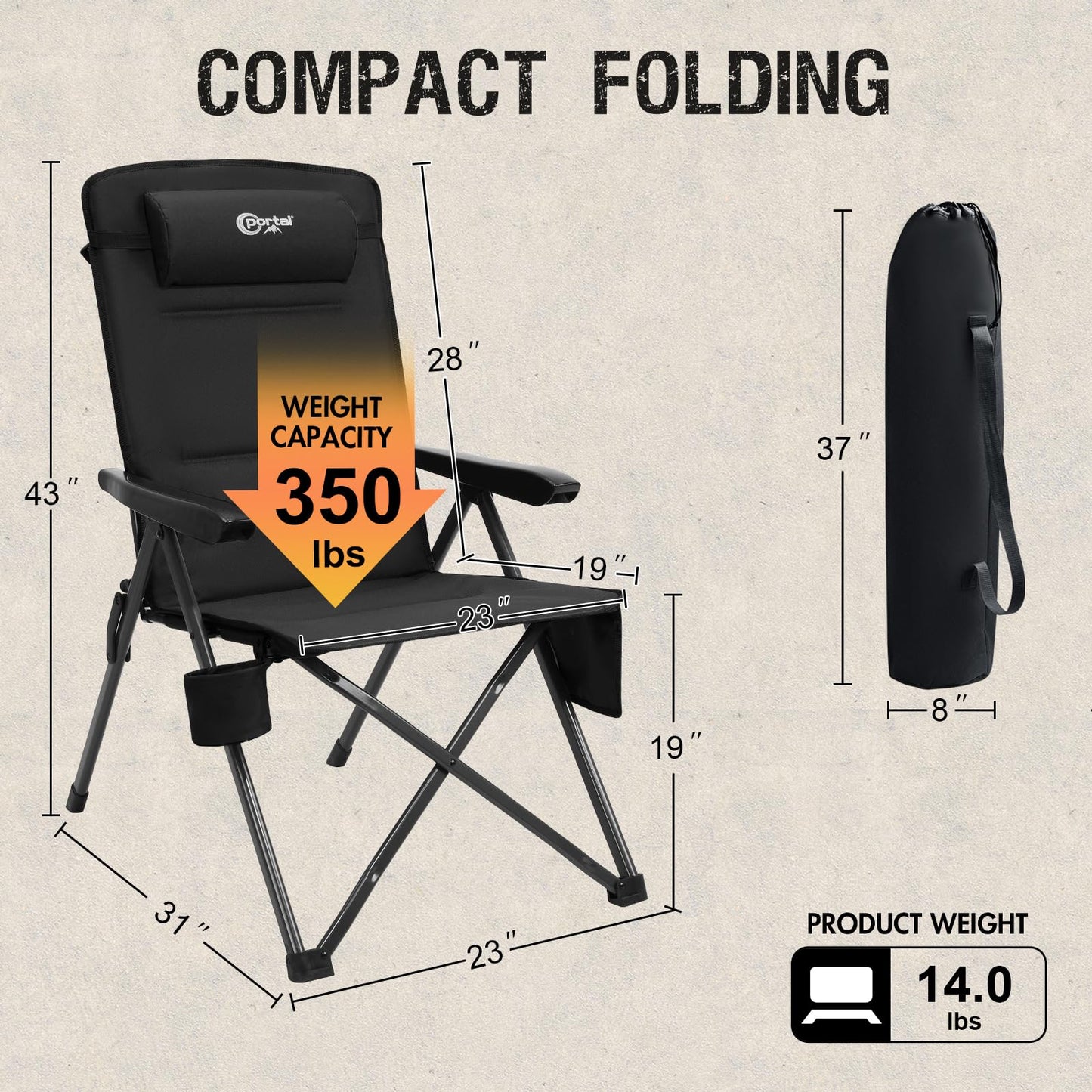 Portal Reclining Camping Chair with Adjustable Back Folding Camp Recliner for Adults Portable High Back Oversized, 350LBS (Black)