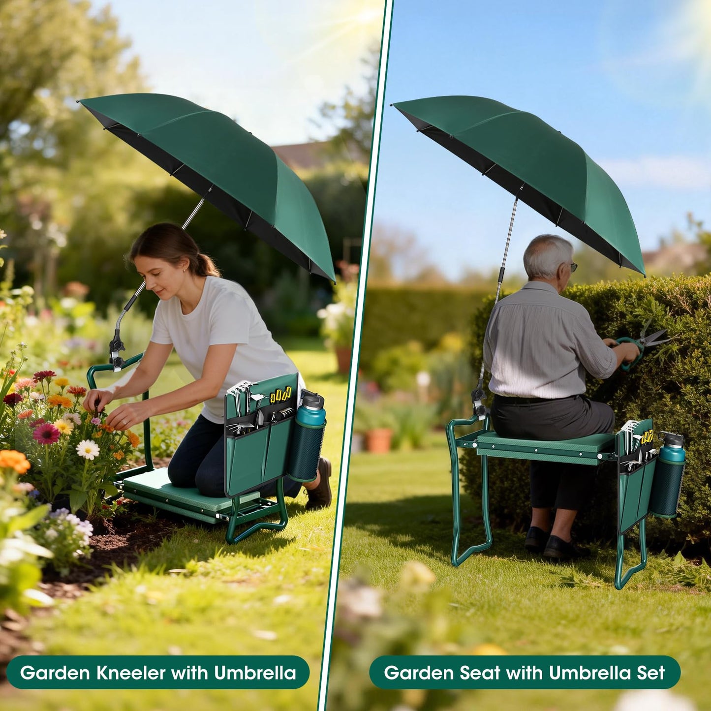 2-in-1 Garden Kneeler with Umbrella, Garden Kneeling Bench & Green Umbrella, Portable Garden Stool Loads Capacity 330lb and Garden Tools Bag with bottle holder, Gardening Gifts for Women,Men,Seniors