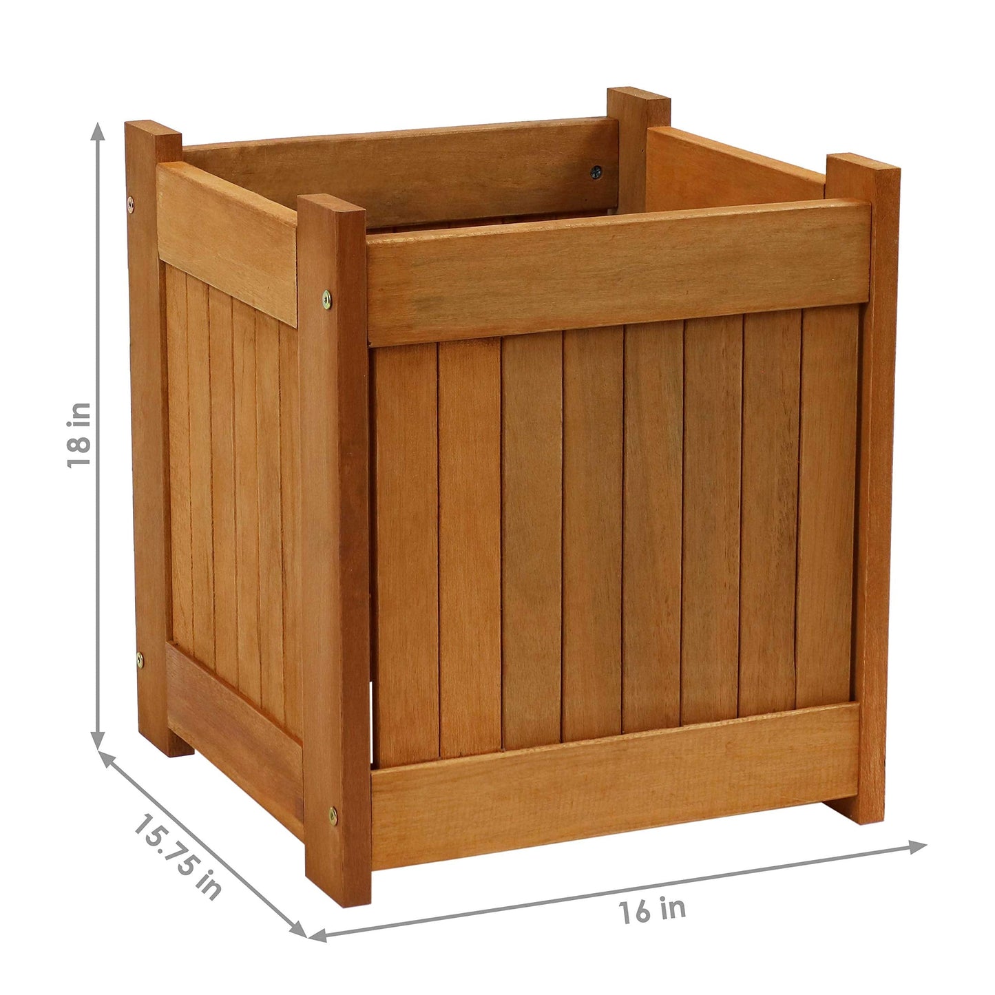 Sunnydaze 16-Inch Meranti Wood Planter Boxes for Outdoor Plants - Square Large Planter Boxes with Teak Oil Finish - Set of 2