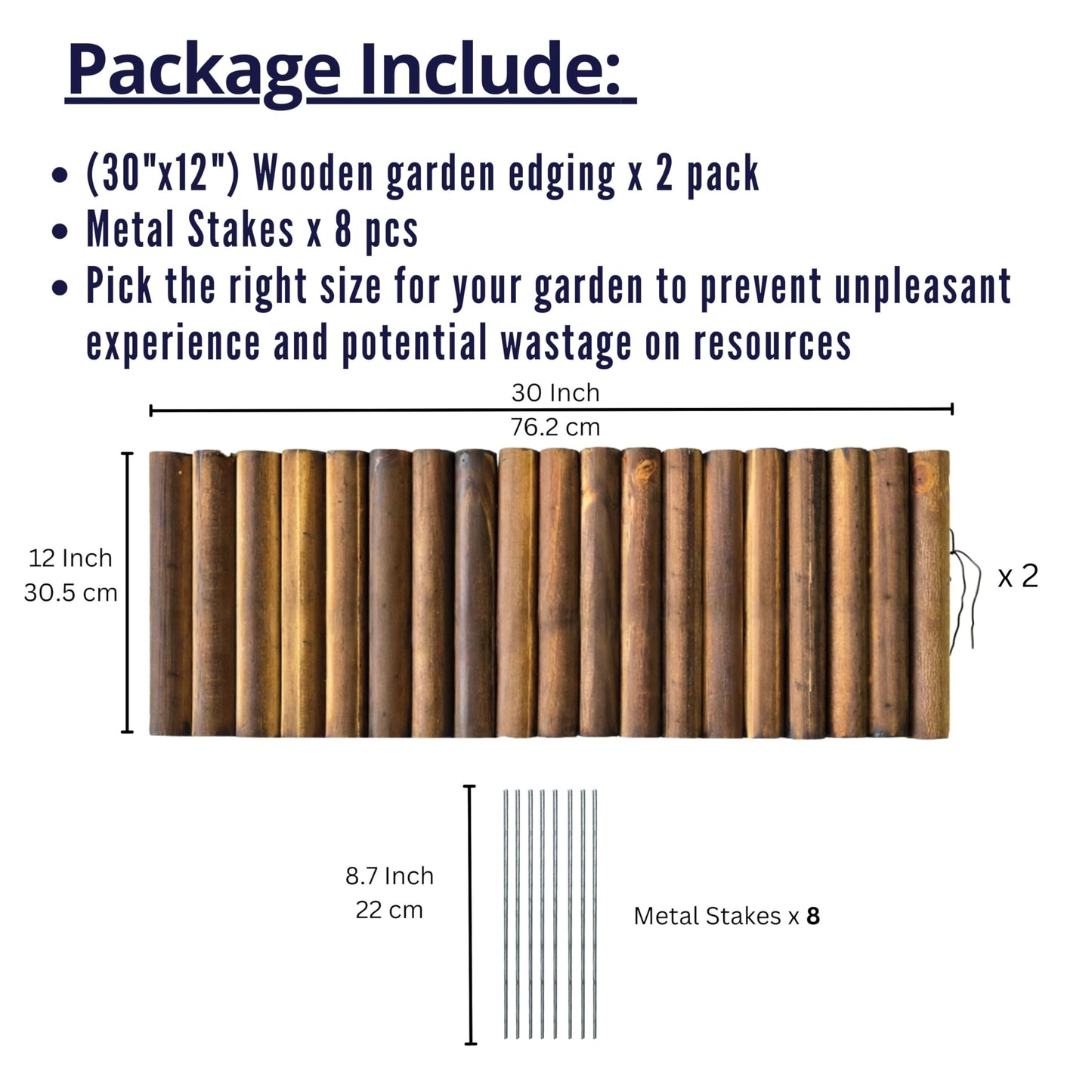 LaLaGreen Wooden Garden Edging Border (30" x 12", 2 Pack) Brown Wood Fence Panel with Metal Stakes, Decorative Flower Bed Landscape Fencing for Lawn Yard Dog Barriers Patio Pathways Outdoor Tree Decor