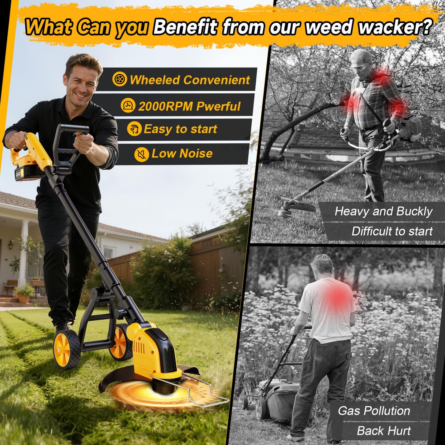 20000 RPM Brushless Battery Weed Wacker Cordless, 6000mAh Electric Weed Eater Battery Powered, Heavy Duty Brush Cutter Edger Lawn Tool/Weed Trimmer/Grass Trimmer W/Wheel Metal Blade, 2 Battery