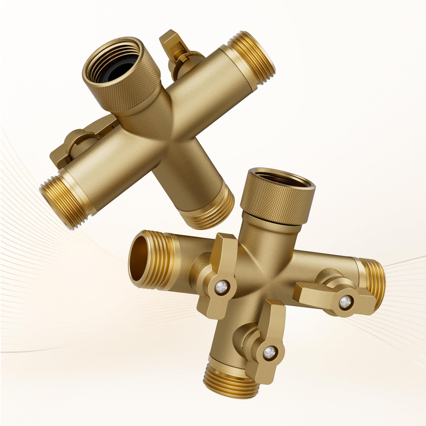 SANTONG Hose Splitter Solid Brass 3 Way + Type Outdoor Faucet and Water Spigot Connector with Shut-Off Valves, 4 Extra Silicone Washers Included