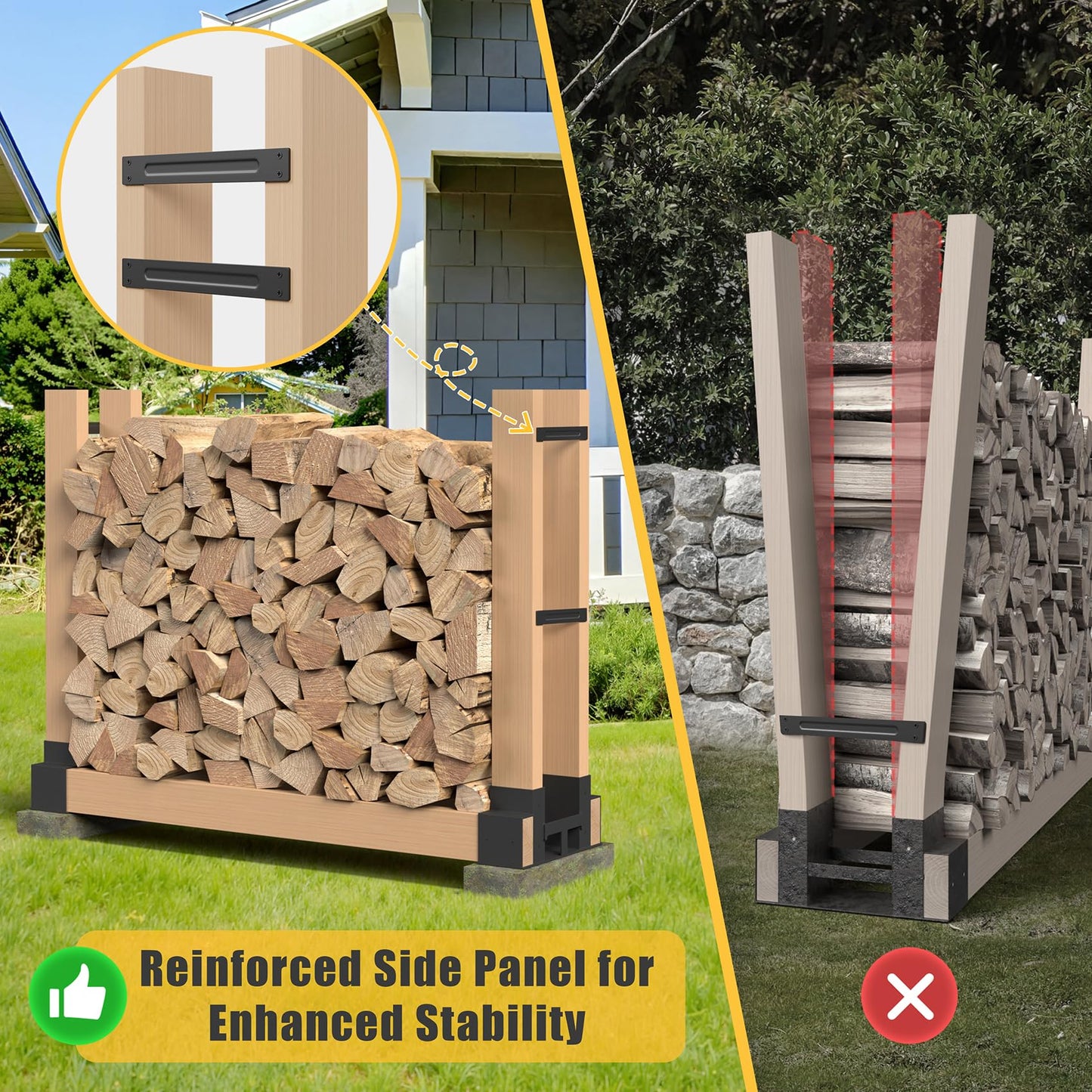 Jusgym Firewood Rack Outdoor Indoor, Heavy-Duty Plastic Firewood Rack Brackets Kit with 4 Support Bars, 3.5mm Thick Adjustable Fire Wood Storage Racks with Drainage Holes, Set of 2