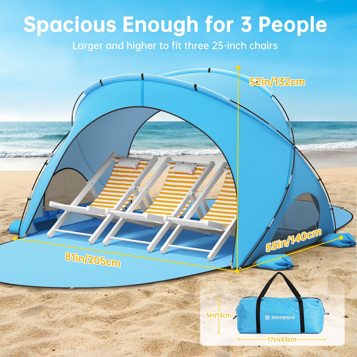 Raynesys Beach Tent Sun Shelter, Beach Shade Tent with UPF50+ UV Protection, Portable Sun Shelter for 1-3 Person, Shade Tents with 2 Zippered Doors for Sand Camping Fishing, Blue