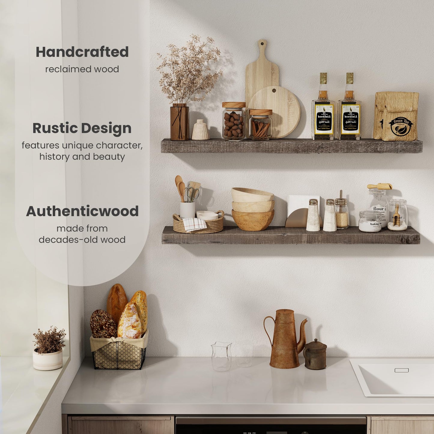 FLYJOE Floating Shelves Reclaimed Barnwood, 8" Deep Solid Wood Floating Shelf Wall Hanging Shelves with Invisible Heavy-Duty Metal Bracket | Wall Mounted | Farmhouse Style | 40 inches,2PCS,Grey