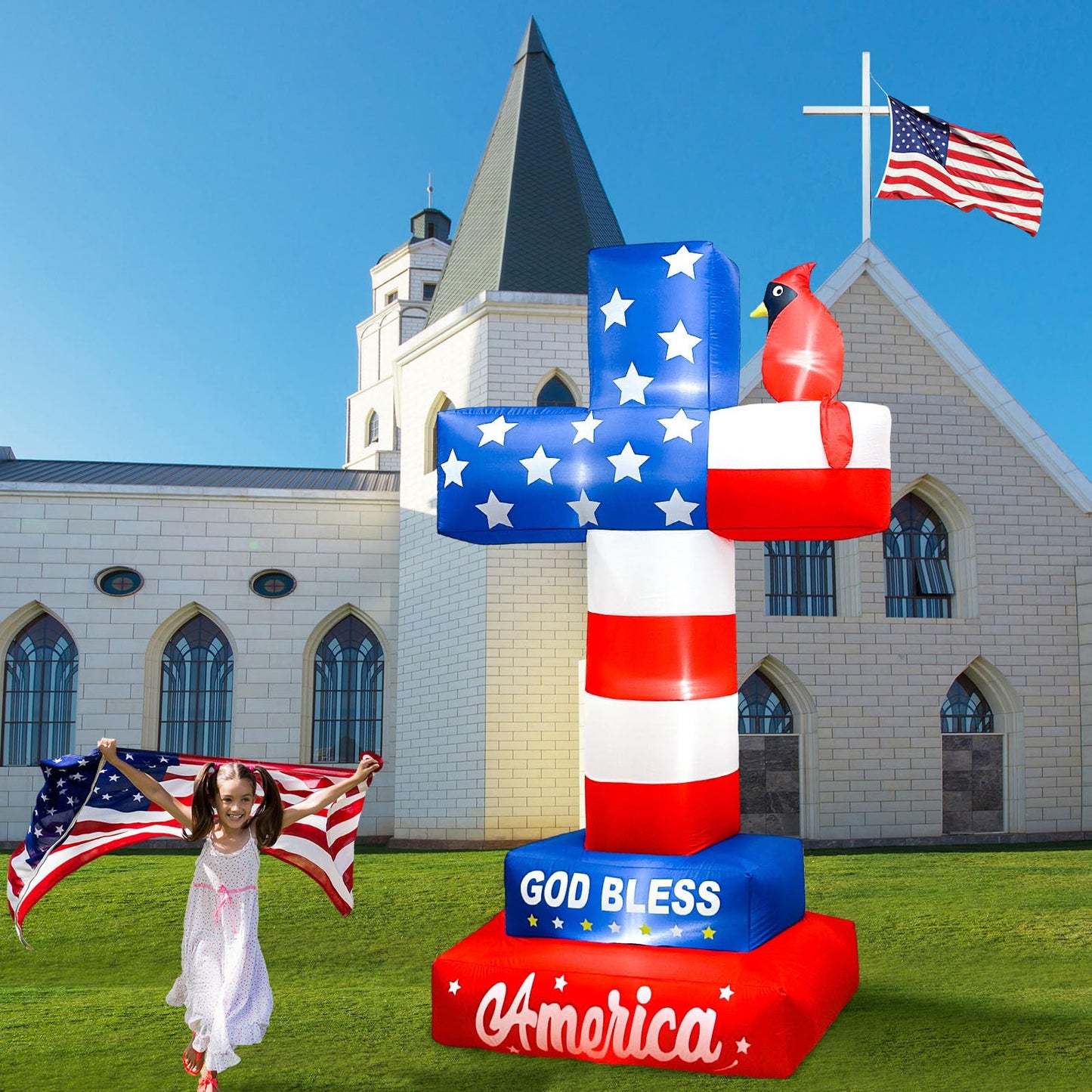 OurWarm 8FT 4th of July Inflatables, Memorial Day Inflatables Outdoor Decorations Blow Up Cross with Cardinal American Flag Built-in LEDs & Blower, Patriotic Inflatable for Lawn Independence Day Decor