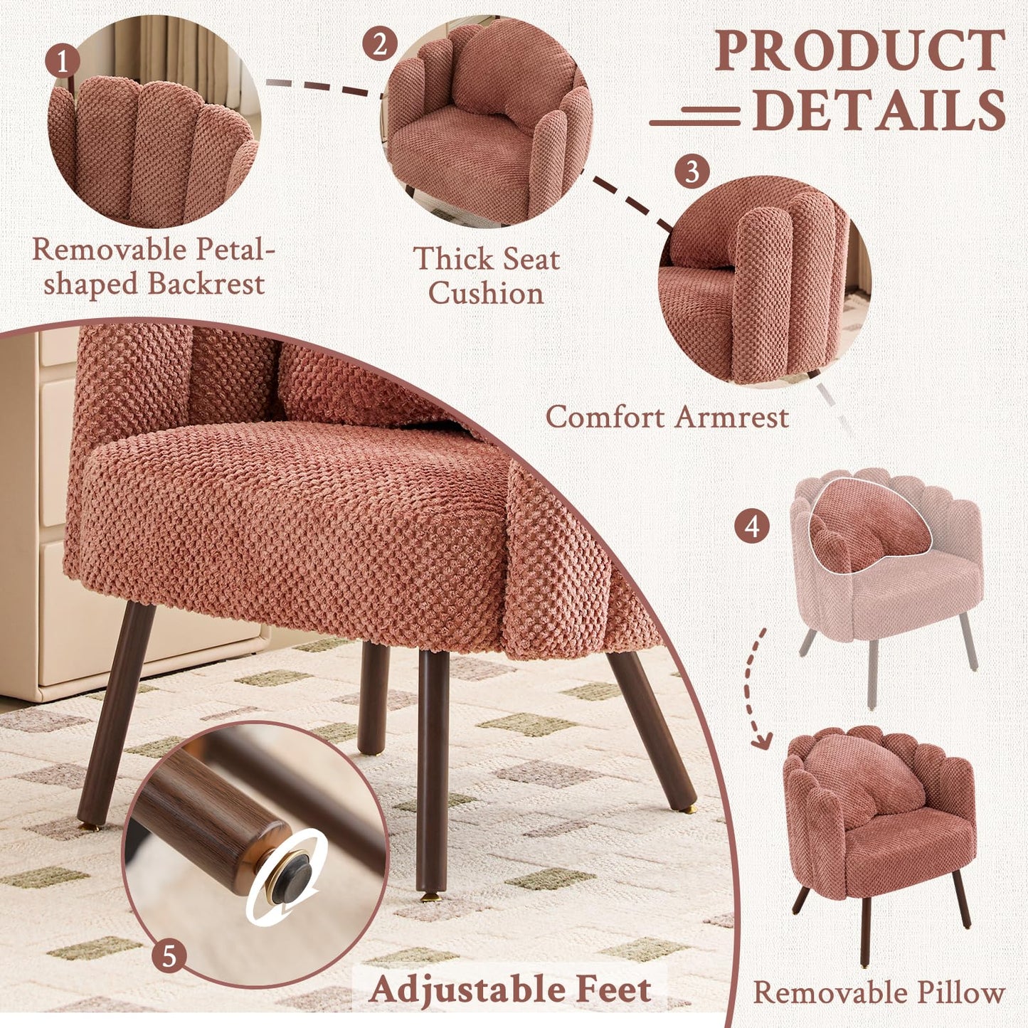 Furniliving Pink Vanity Chair, Velvet Accent Chair for Living Room, Shell Chairs with Wooden Legs, Makeup Chair for Bedroom, Armchair Cute Petal Reading Chair with Pillow