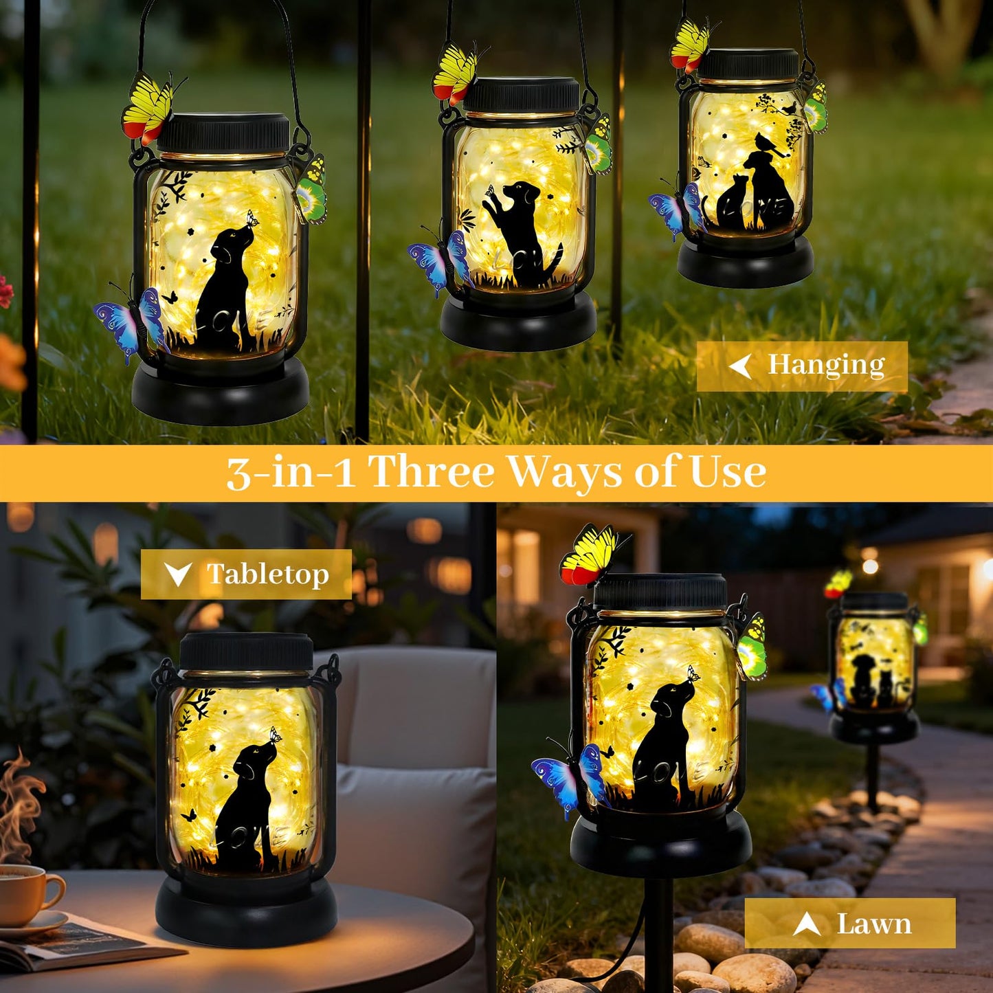 Dog Solar Lanterns Outdoor Garden Solar Dog Lights Dog & Cat Lover Gifts for Women Mom Grandma, Butterfly Fairy Lights Waterproof Hanging Mason Jar Lamps (Dog Kiss Butterfly)