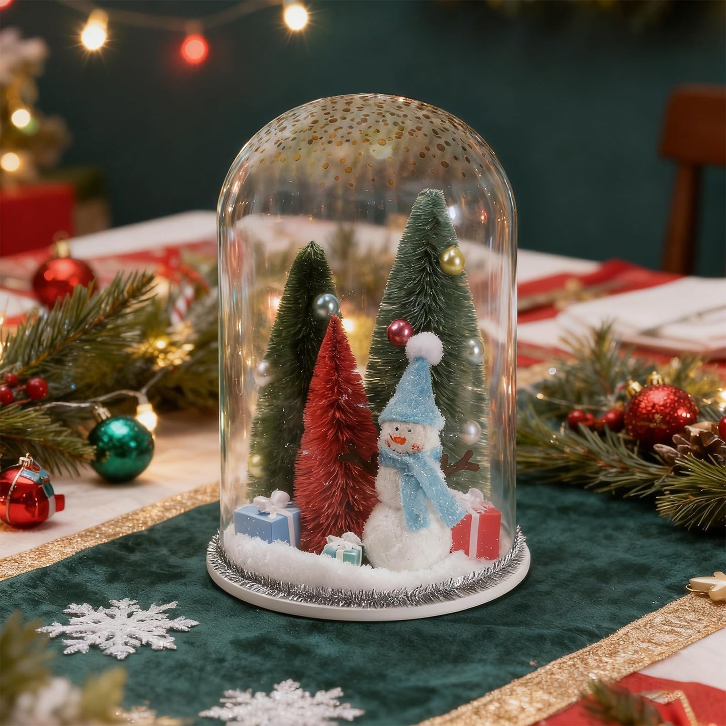 Christmas Decorations Table Centerpieces, Winter Decor Snowman with Ornaments in Dome Cloche Christmas Winter Tabletop Decor for Table Tiered Tray Shelf Mantel Fireplace Office Desk Holiday Decoration