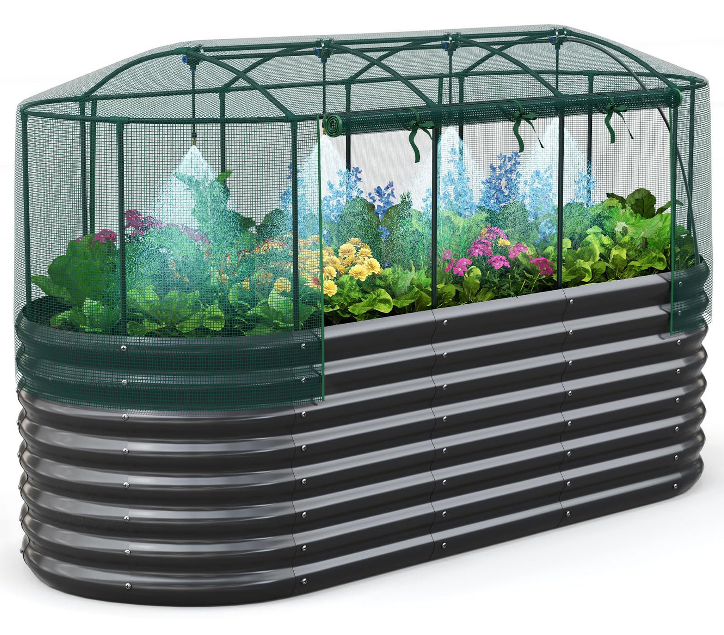Quictent Galvanized Raised Garden Bed Kit with Self Watering System and Mesh Cover, Large Oval Metal Outdoor Planter Garden Boxes for Vegetables Herbs Flowers, 8x3x2Ft